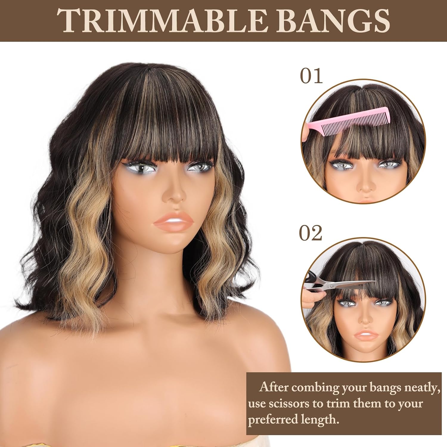 MISSQUEEN Black Blonde Wig with Bangs Short Highlights Curly Wig Heat Resistant Synthetic Fibre Wigs for Women Girls Daily Party Holiday Festival Chrismas Used