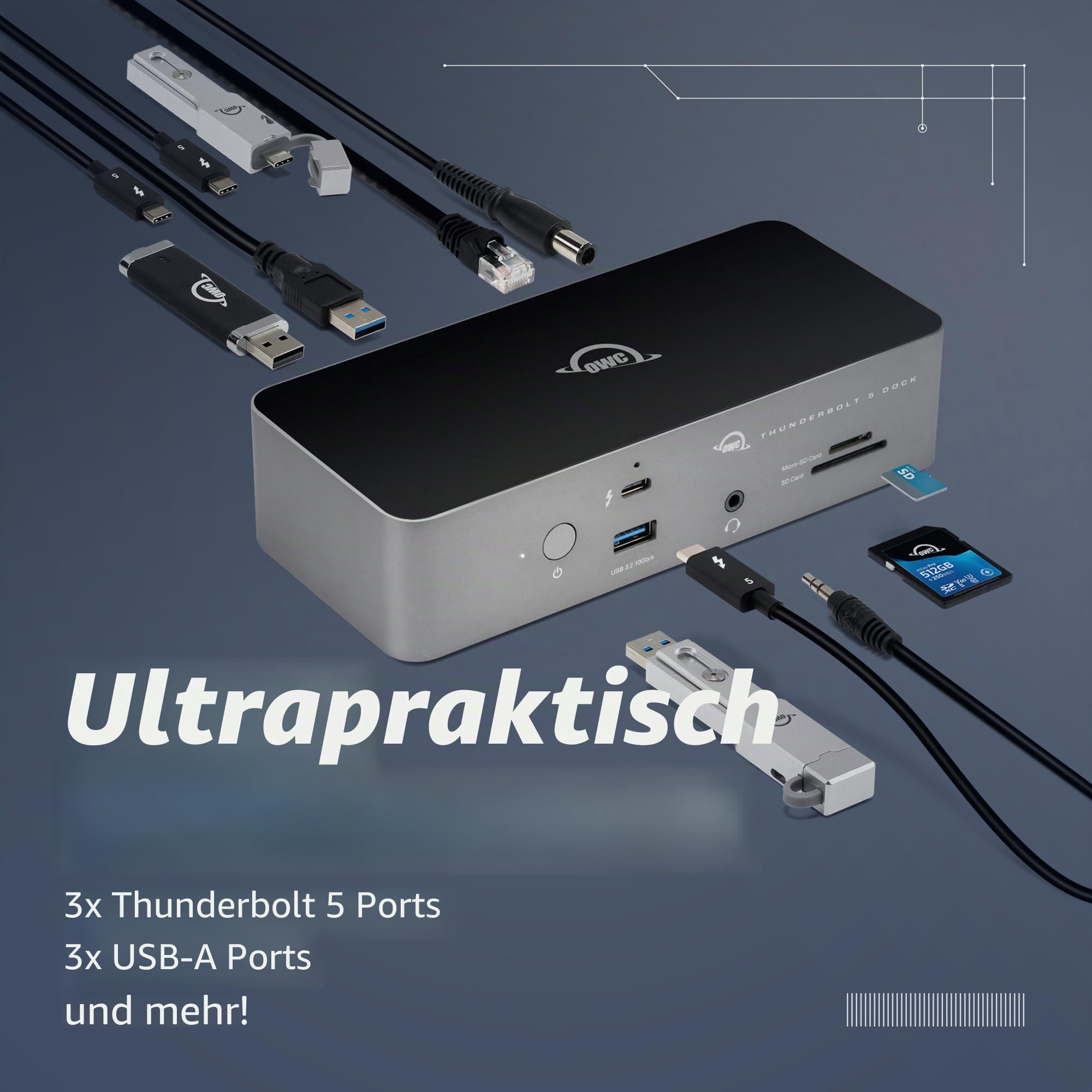 OWC Thunderbolt 5 Dock 11-Port Konnektivitätslösung | 4x Thunderbolt 5 80/120Gb/s - 140W PD - 2x USB-A (10Gb/s) - USB-A (5Gb/s) - 2.5GbE - SD & microSD Reader - Audio in/out