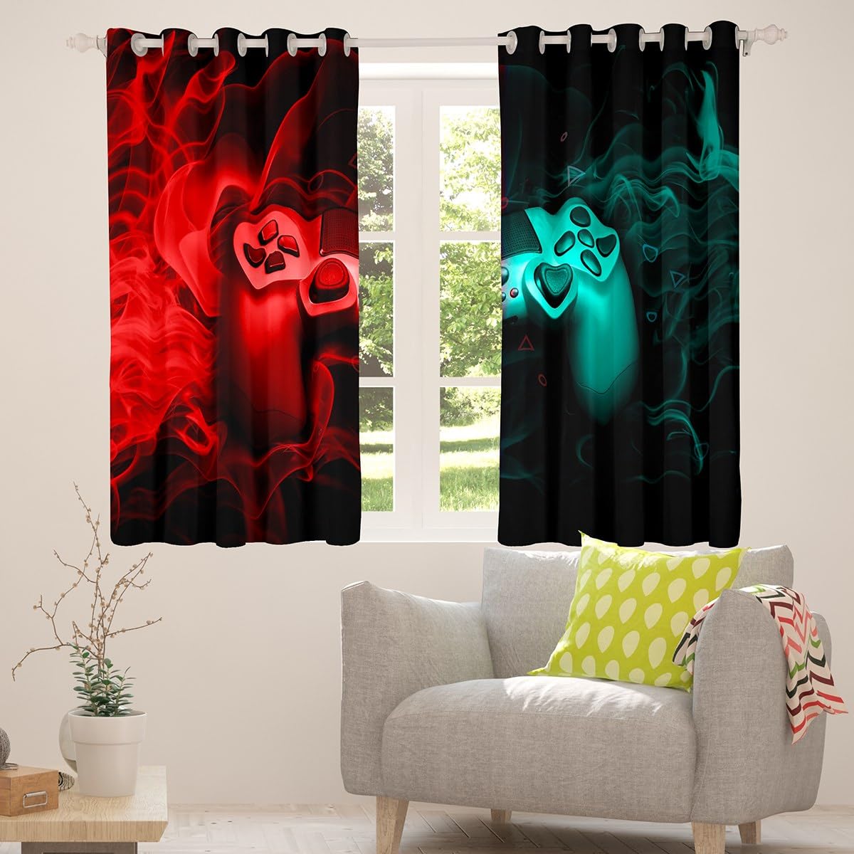 Tende per finestre, a tema gaming videogiochi, idea regalo, per bambini e ragazzi, motivo: astratto con cubo pixel, con occhielli, decorazione rossa nera verde per stanze e dormitori, 167,6 x 228,6