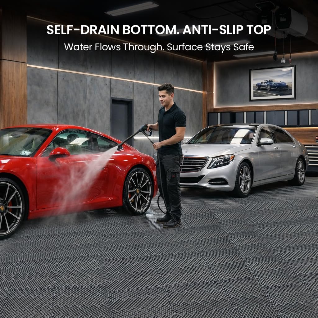 garage floor tiles interlocking garage flooring tiles pack of 48 antislip oil and stain resistant for garages shop floors basements 40000 lbs load capacity (black, 12 inch x 12 inch, drain tiles) black 12 inch x 12 inch drain tiles