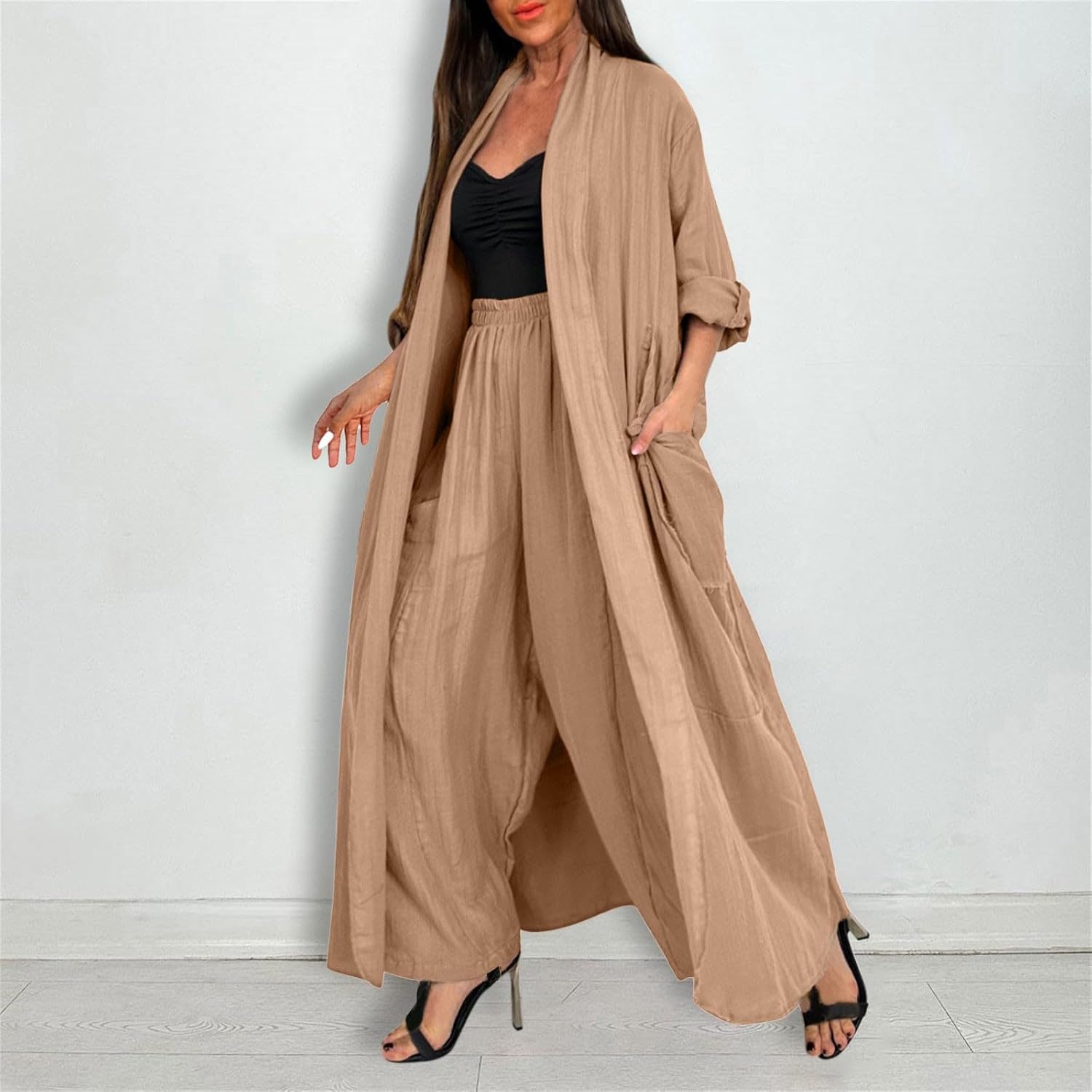 Solid Color Long Cardigan and Shirt Casual Set for Women Comfortable and Stylish for Everyday Wear Or Casual Outings