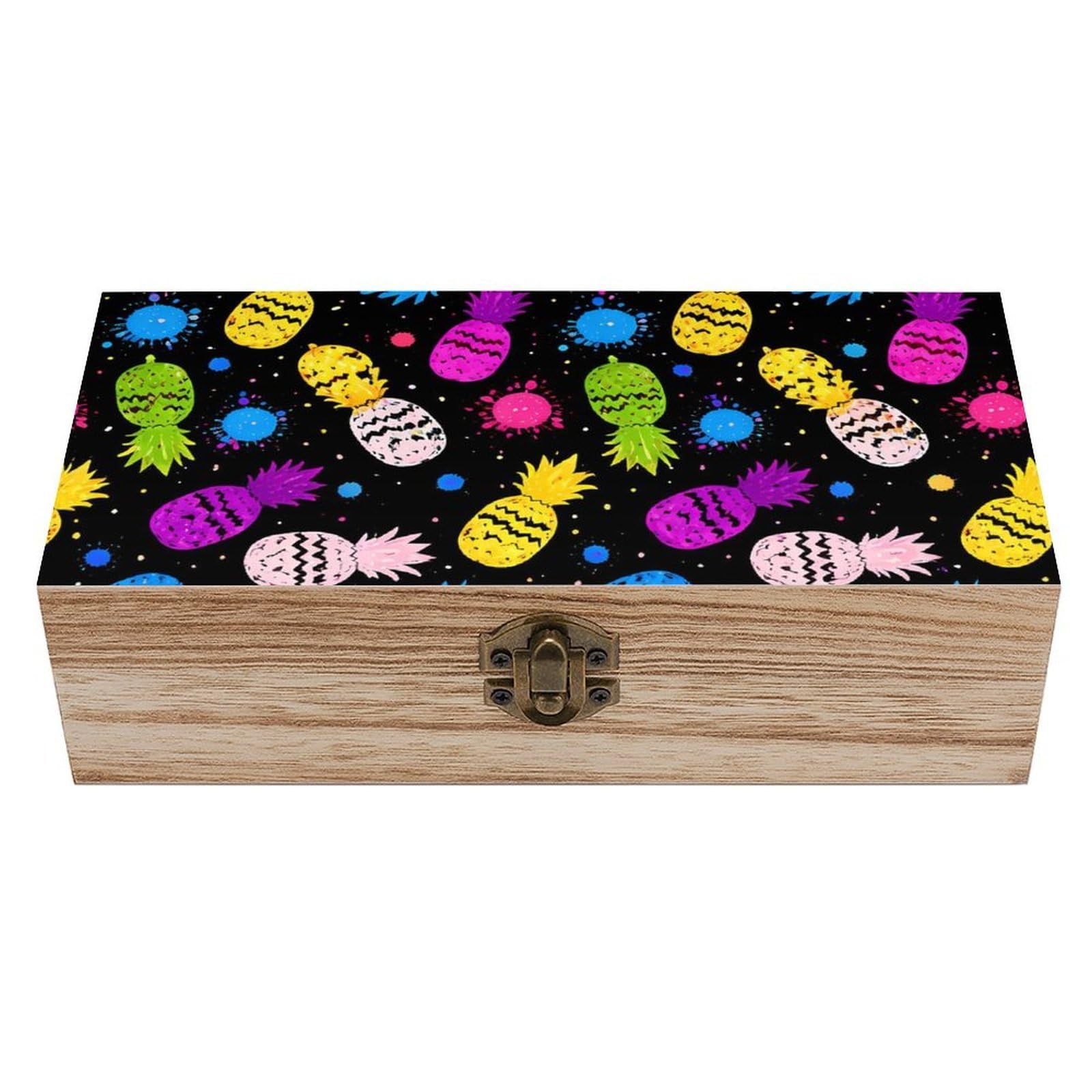 HLBSDM Colorful Pineapple Black Wooden Storage Box