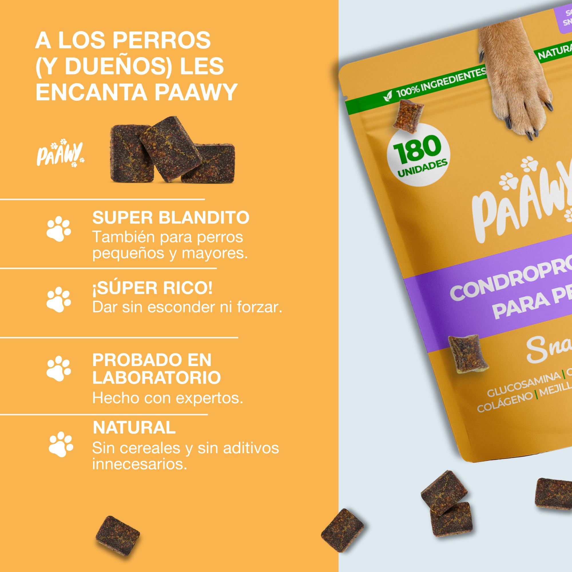 Condroprotector Perros de Paawy | MEJOR EN LA PRUEBA | 180 Snacks con Glucosamina, Condroitina, MSM y Colágeno – Antiinflamatorio Natural para Articulaciones y Artrosis – para Razas pequeñas y Grandes