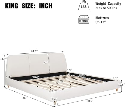 RuiSiSi King Size Upholstered Bed Frame, Linen Upholstered Floor Platform Bed with Thick Headboard, Low Profile Wooden Legs, No Box Spring Needed, Easy Assembly, White