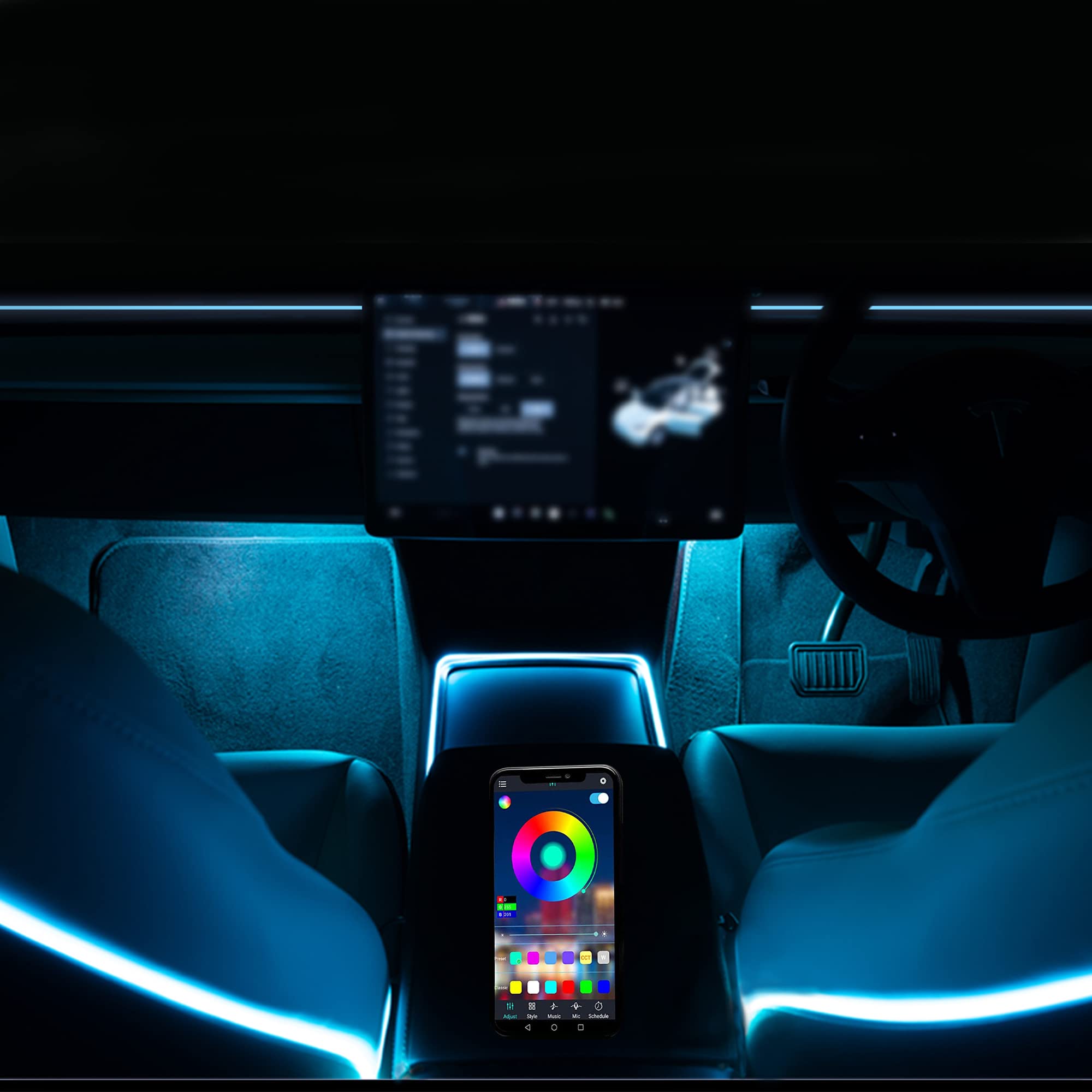 Add-OnDesign Tesla Model 3 Y Interior Ambient Lights (Dashboard & Center Console & 4 Footwells & 2 Rear Seats) LED RGB Strips with USB/12V Power Sources, Model 3 Model Y Accessories, Clean Wiring