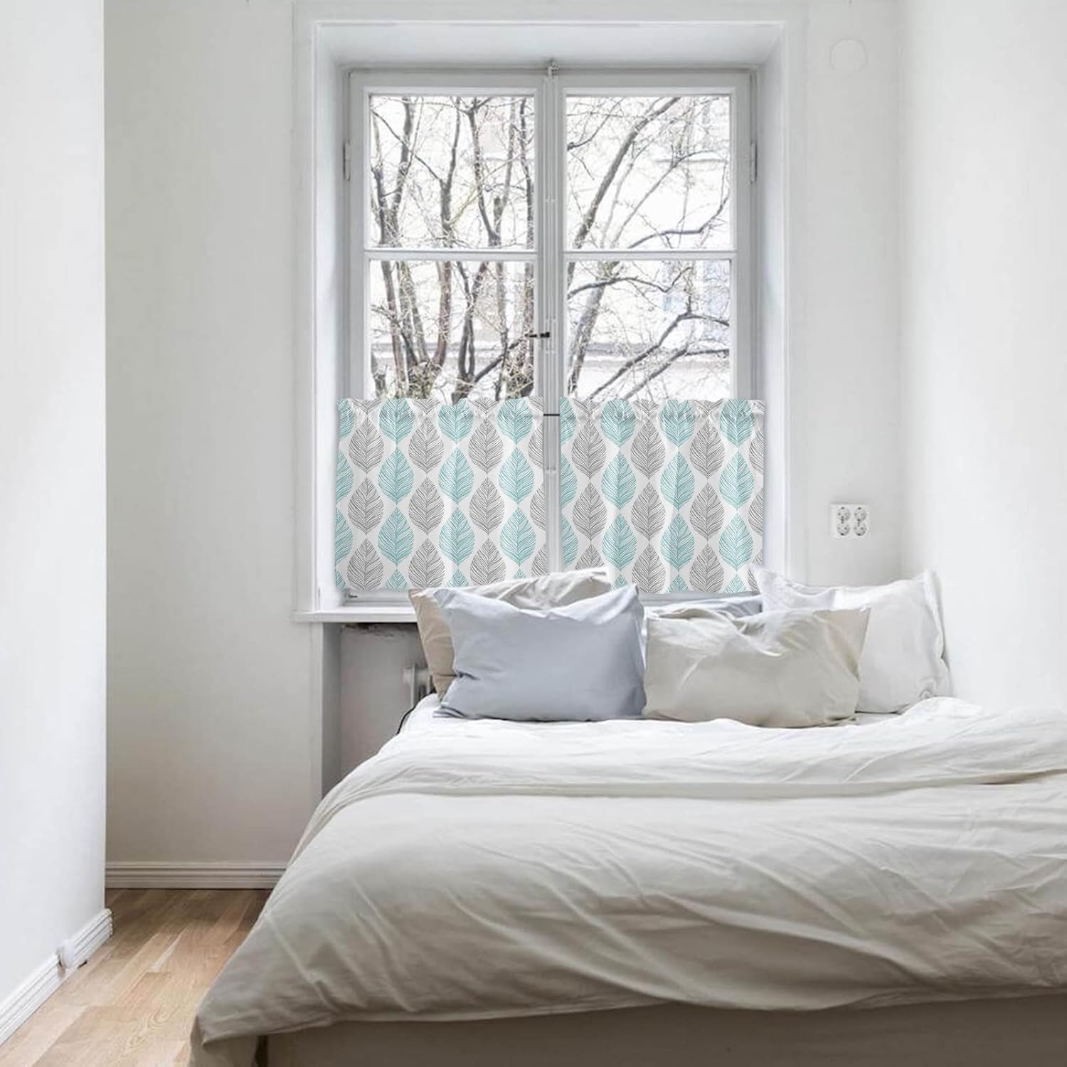 Teal and Grey Leaf Texture Window Tier Curtains 24 Inch Length, Turquoise Abstract Art Leaves Rod Pocket Window Treatment Kitchen Drapes for Bedroom, Living Room, 2 Panels, 27.5 W x 24 L