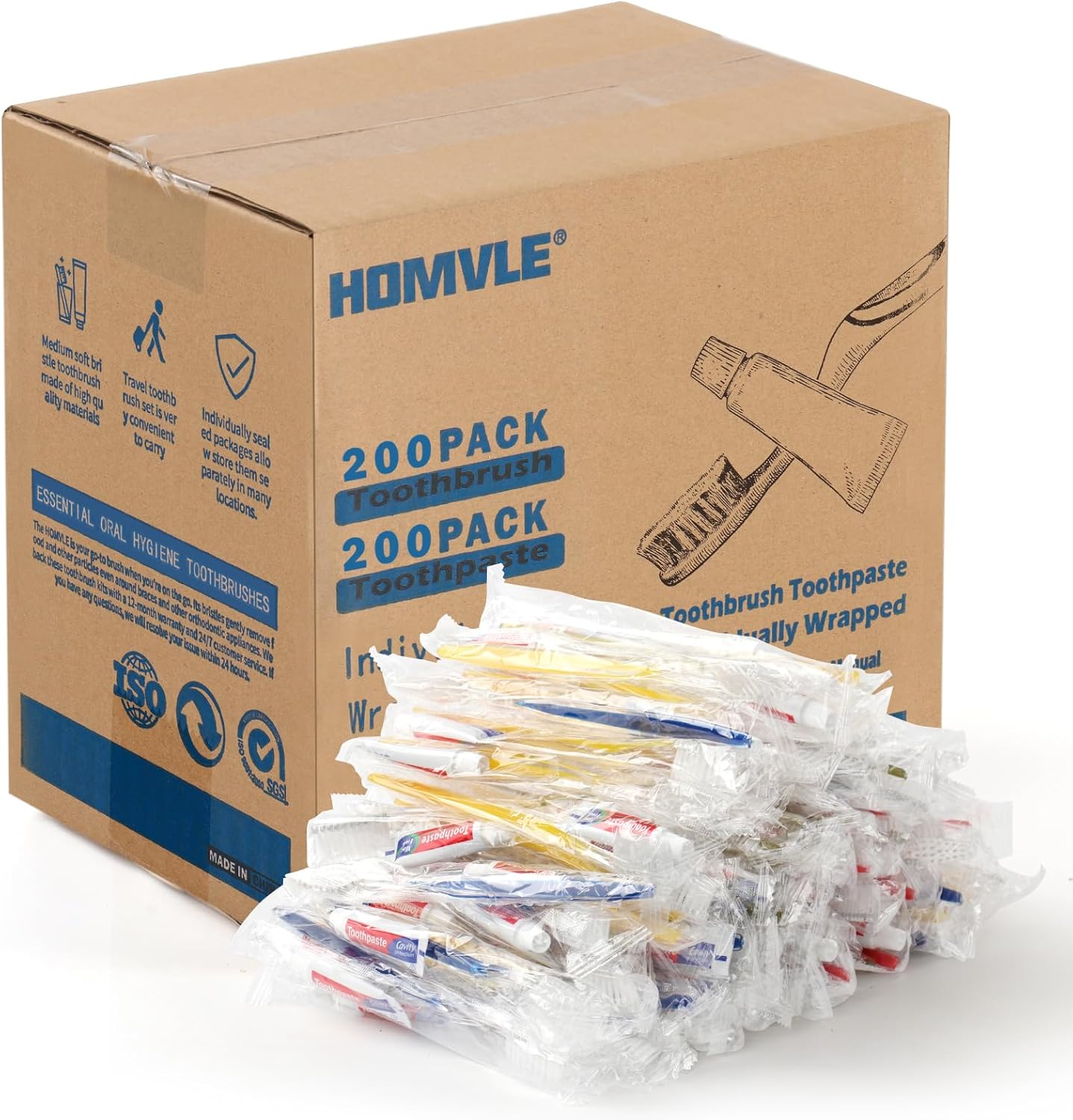 Homvle 200 Packs Disposable Toothbrushes with Toothpaste, Individually Wrapped Travel Toothbrush and Toothpaste Buld for Travel Size Toiletries, OCC, Airbnb, Dentist, Office/4 Colorful