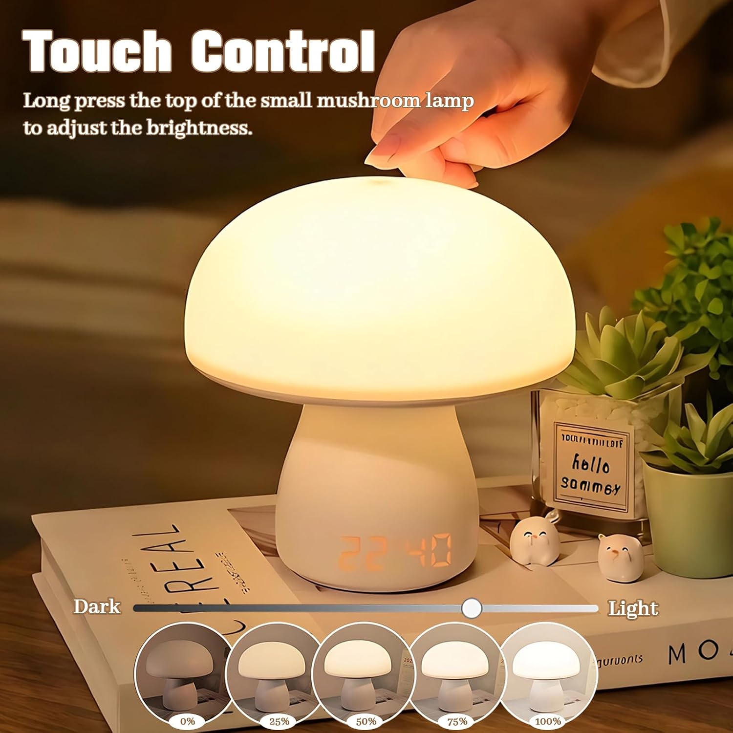 Mushroom Lamp, 3 Colors Mushroom Night Light with Clock, Cordless Touch Dimming Bedside Table Lamp with Timer & Remote, Rechargeable Portable LED Lamp for Kids Adults Room (White)