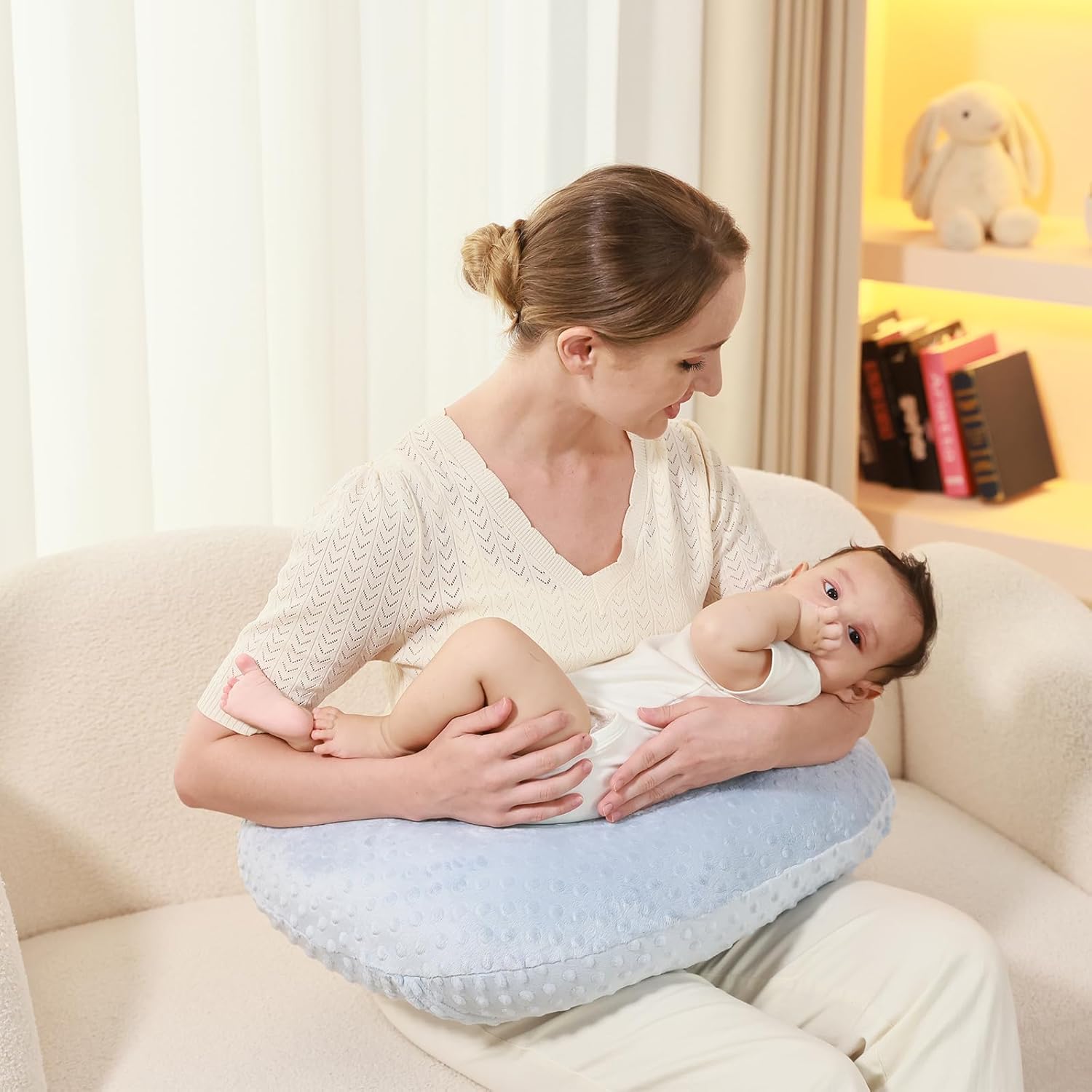 Nursing Pillow for Breastfeeding and Bottle Feeding More Support for Mom and Baby,Soft Newborn Nursing Baby Pillow， Machine Washable (Light Blue)