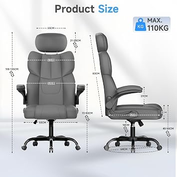 naspaluro Office Chair, Ergonomic Gaming Desk Chair with Adjustable Headrest, Foldable Armrests, High Back PU Leather Executive Computer Chair, Swivel Chair for Home Office&Study,Dark Grey