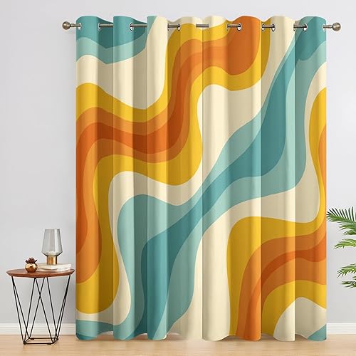 Retro 70s Curtains for Bedroom Decor, 72 Inches Long, Orange Teal Abstract Wave Mid Century Modern Pattern Design Blackout Drapes, Vintage Curtains