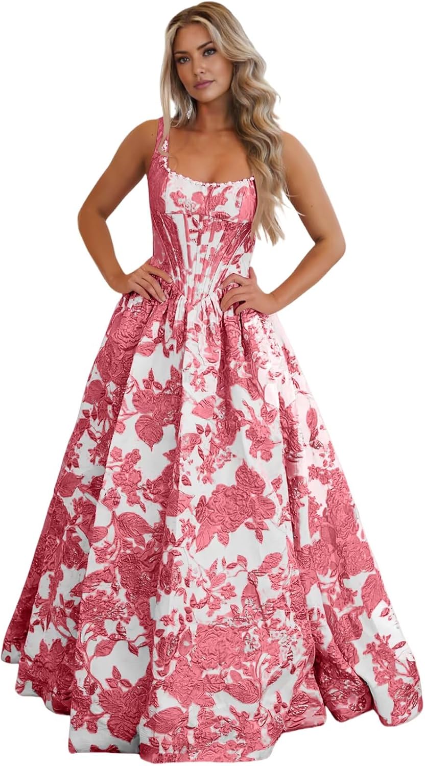 Floral Prom Dresses for Teens 2026 Formal Long Jacquard Satin Ball Gown