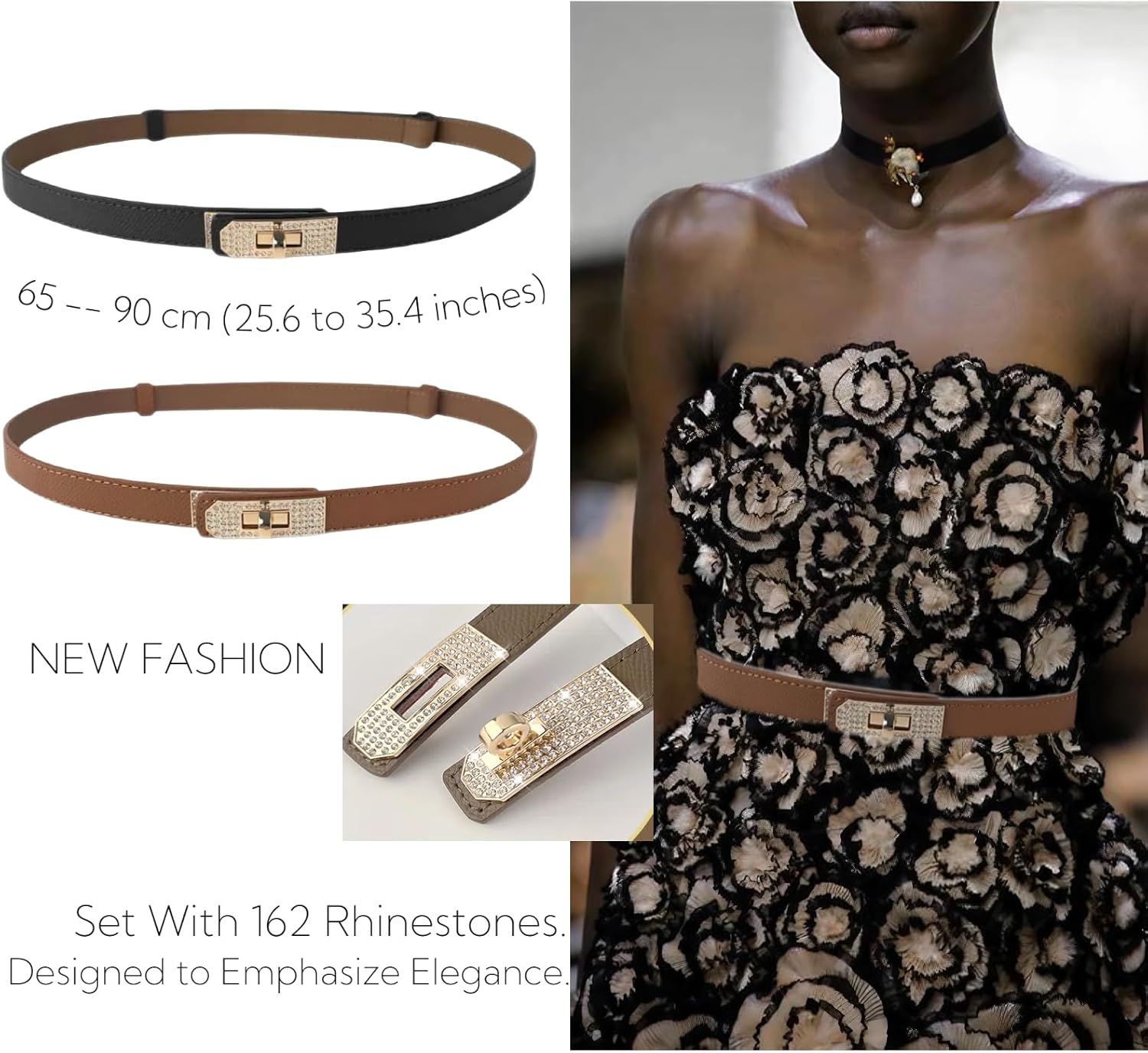 B-LT1 Women Thin Waist Belt for Dresses, Jeans, Coats, Sweater, Pants. Skinny Leather Belt with Adjustable Solid Color Alloy Turn-Lock Gold Buckle Inlaid Rhinestone Sparkle. - Image 3