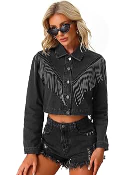Allegra K Denim Fringe Jacket for Women's Party Sparkle