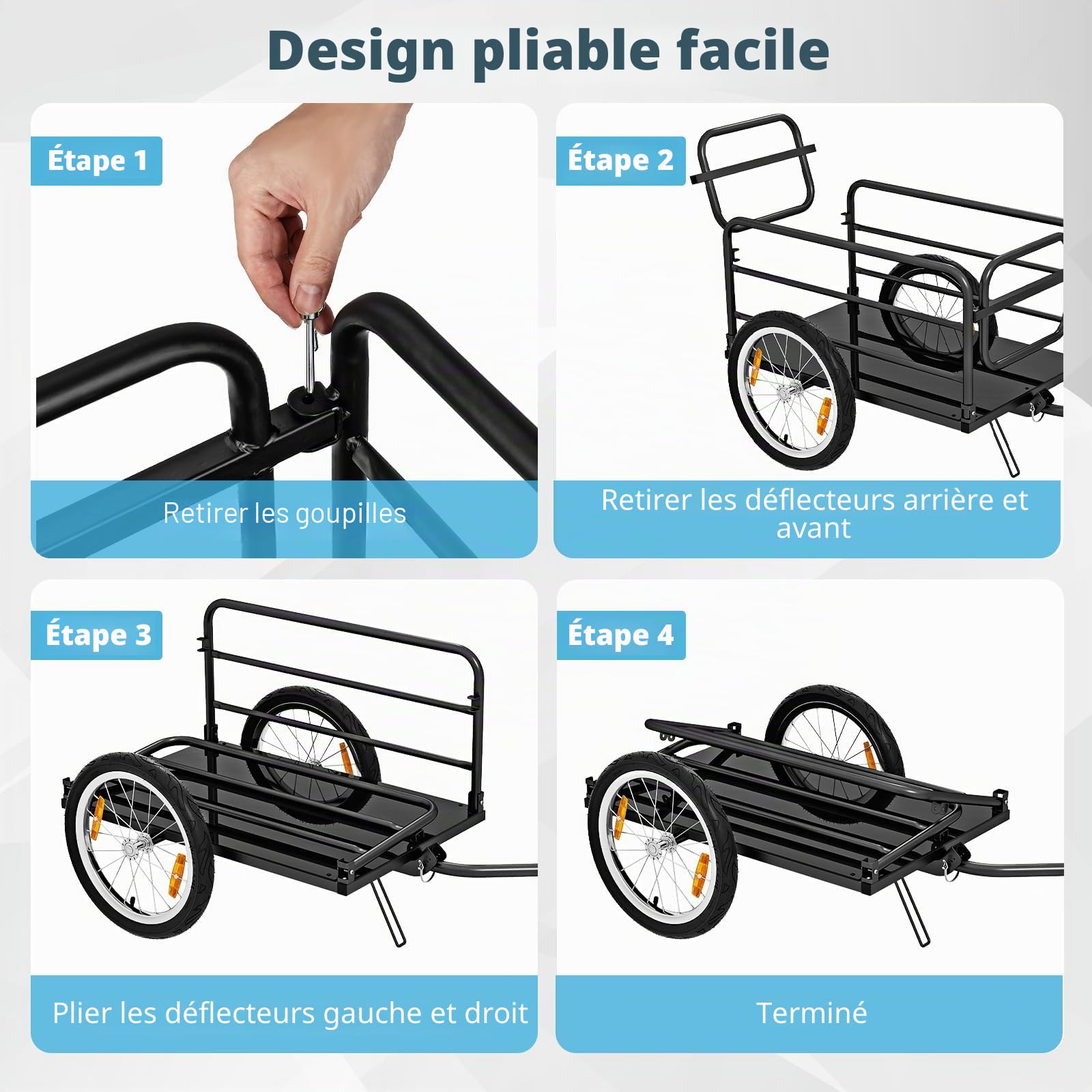 FANTASK Remorque de vélo jusqu'à 60 kg, Pliable, avec Couvercle, Embrayage et réflecteurs, Noir