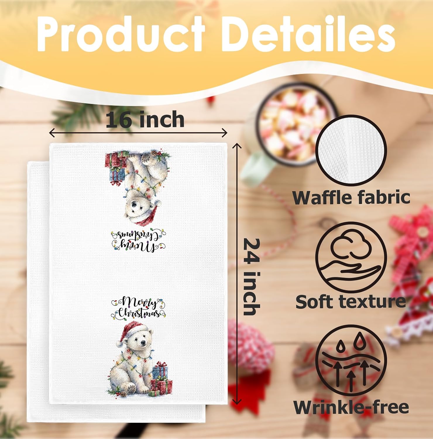 Merry Christmas Winter Santa Polar Bear Kitchen Towels 16x24in