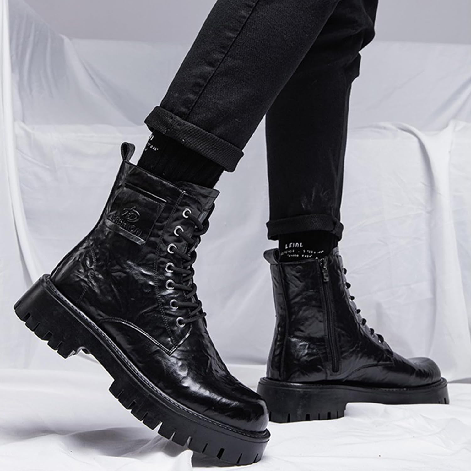 Men's Leather Lace Up Platform Combat Boots Wide Round Toe Non Slip Lug Sole Side Zipper Block Heel Motorcycle Boots for Casual Business Work