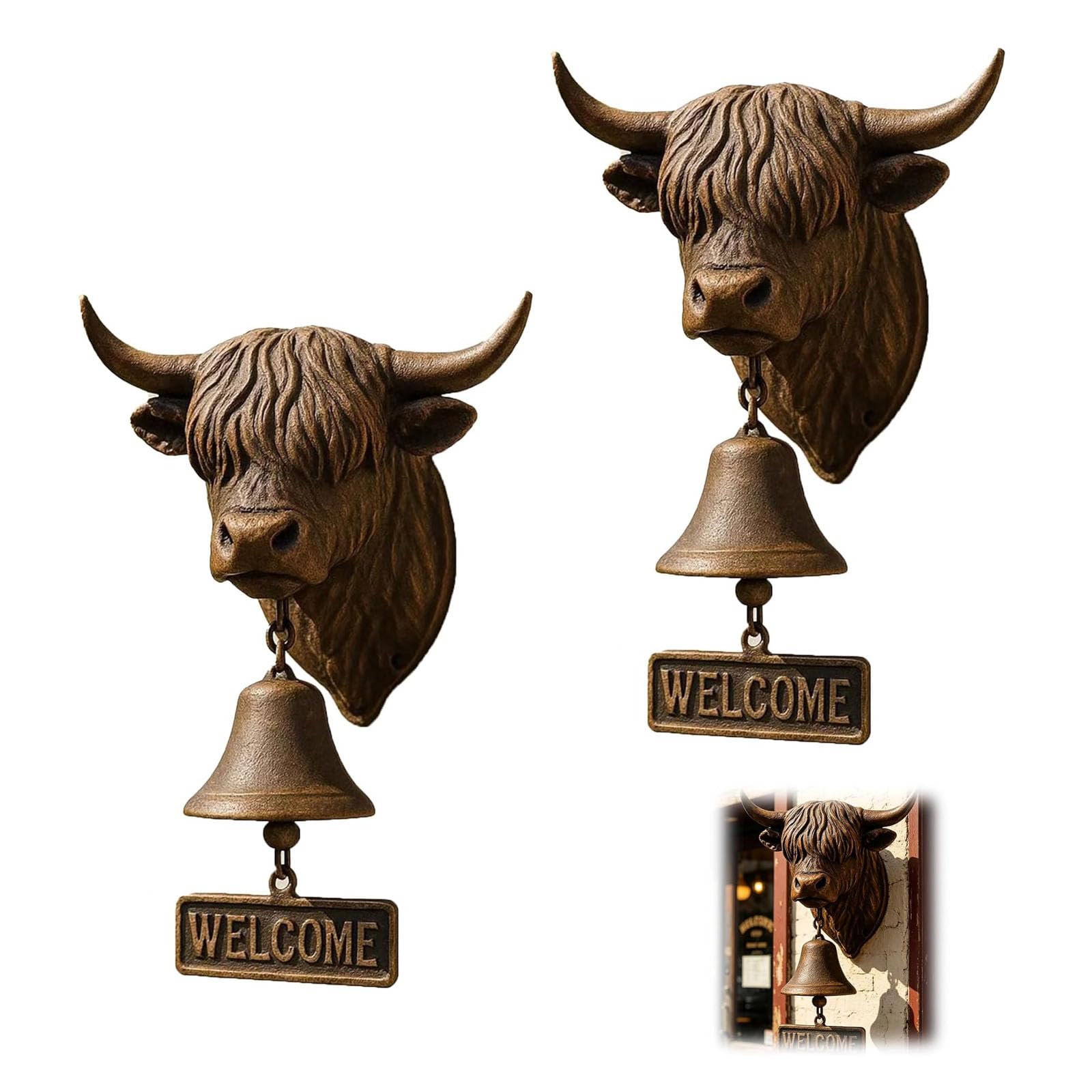 Handmade Highland Cow Welcome Bell - Vintage 3D Resin Wall Mounted Doorbell with Crisp Sound, Rustic Hanging Entry Bell for Home, Garden, Porch, Ranch, Outdoor Decor,Gift for Cow Lovers (2PCS)