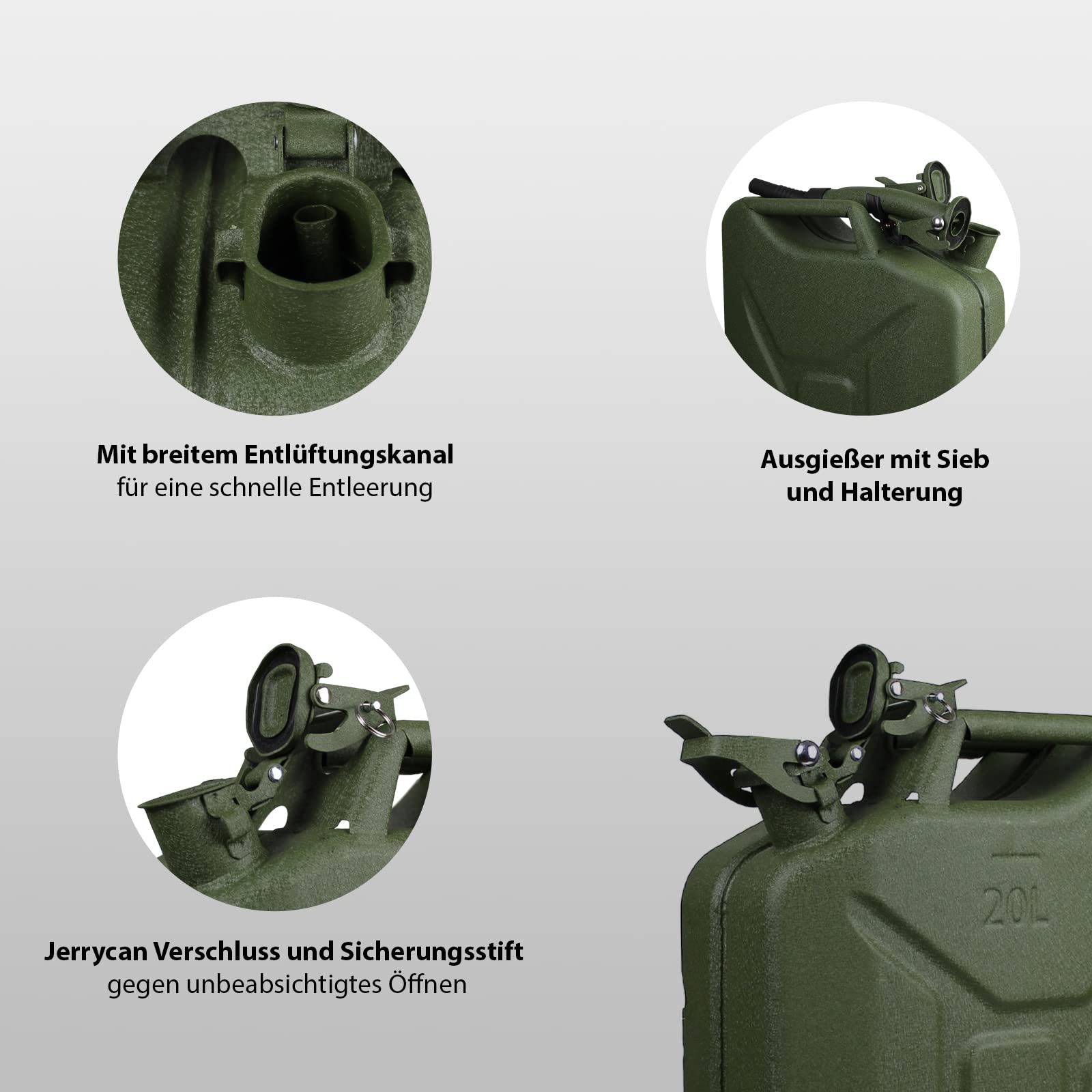 TRUTZHOLM Kraftstoffkanister Benzin und Diesel 20 Liter kratzfeste olivfarbene Hammerschlagbeschichtung inkl. Ausgießer mit Halter Metallkanister Dieselkanister Benzinkanister UN-Zulassung (3)