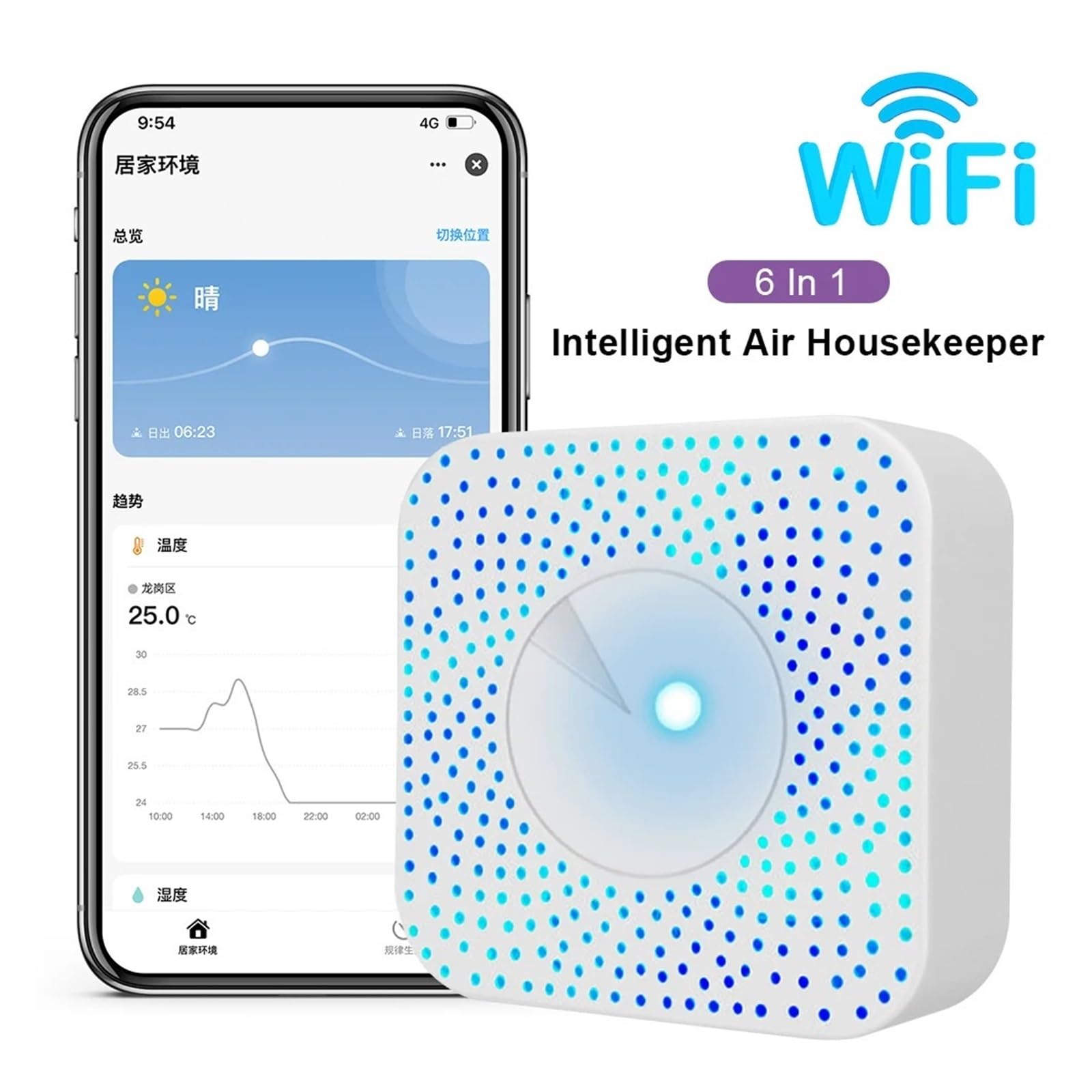 Inteligentny Dla Domowego Biura 6-w-1 Miernik CO2 WiFi Monitor Jakości Powietrza PM2.5 Formaldehyd TVOC Czujnik Temperatury I Wilgotności Dokładne Monitorowanie Czasie Rzeczywistym