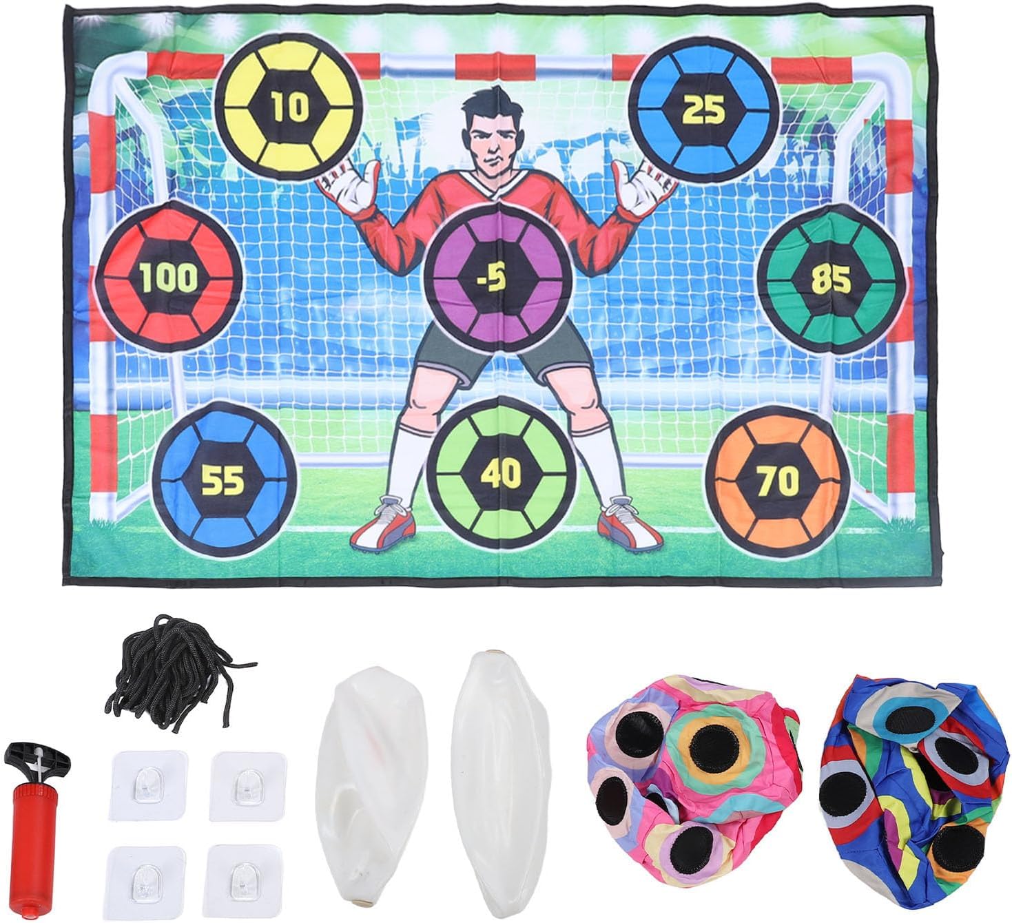 Soccer Ball Game Set, Skill Development Mat, Toss Soccer Target Goal Game for Indoor Outdoor Backyard, 1 Flannel Soccer Goal, 2 Soft Soccer Balls with Air Pump