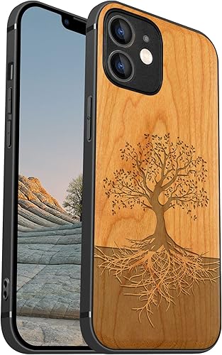 Miniatura 10 de Carveit Funda magnética de madera para iPhone 12 madera real dura y TPU suave negro a prueba de golpes, funda protectora única y elegante de madera