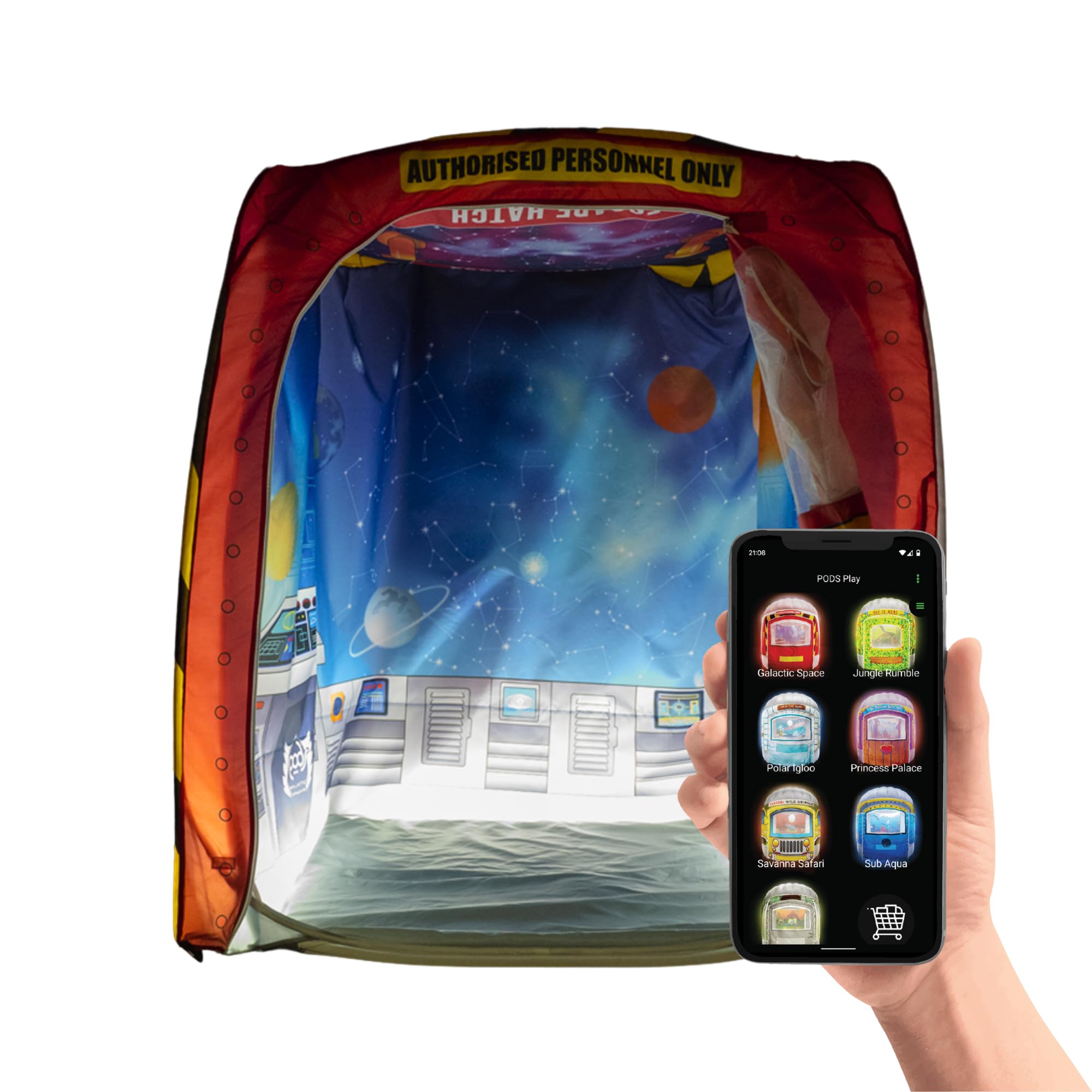 PODS Sensory Tent for Kids – Galactic Space Aventure Theme with Lights, Bluetooth Speaker, Memory Foam Floor & Mobile App