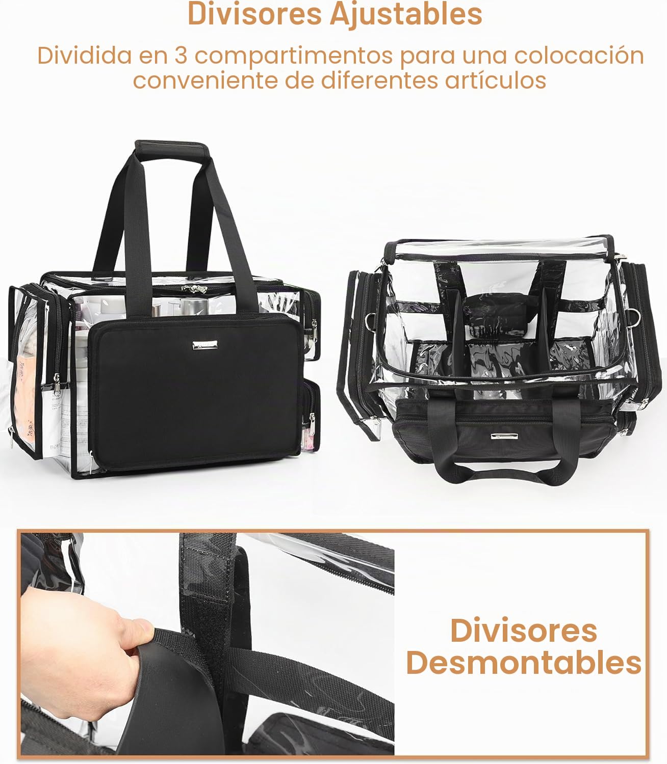 Relavel Bolsa de maquillaje transparente XXL - Juego de cosméticos profesional para viscosos y barberos, organizador de belleza de viaje con compartimentos ajustables, bolsa de lona transparente para