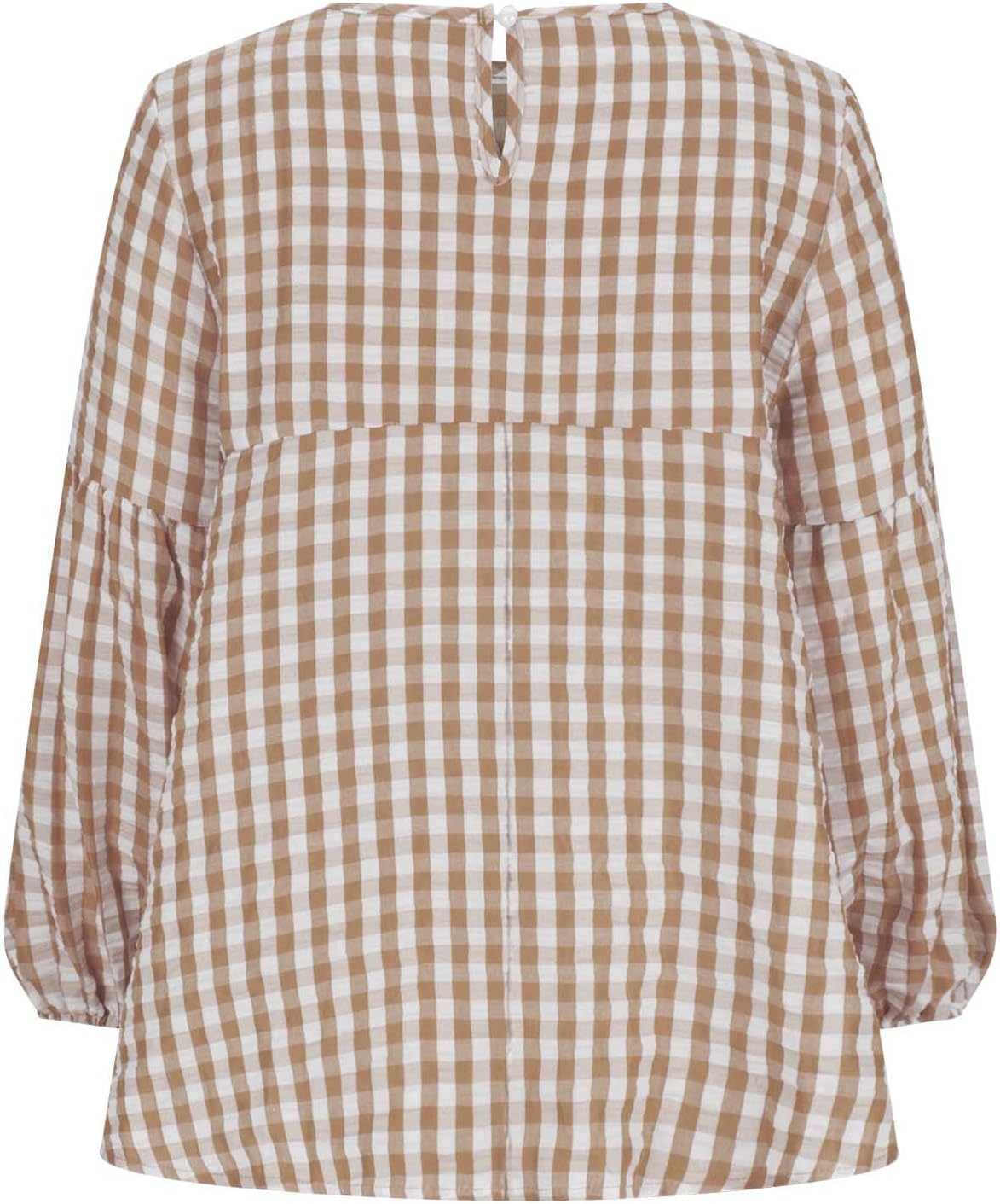 Women's Casual Gingham Print Peplum Blouse Long Lantern Sleeve Round Neck Shirts Trendy Cute Classic Plaid Tops