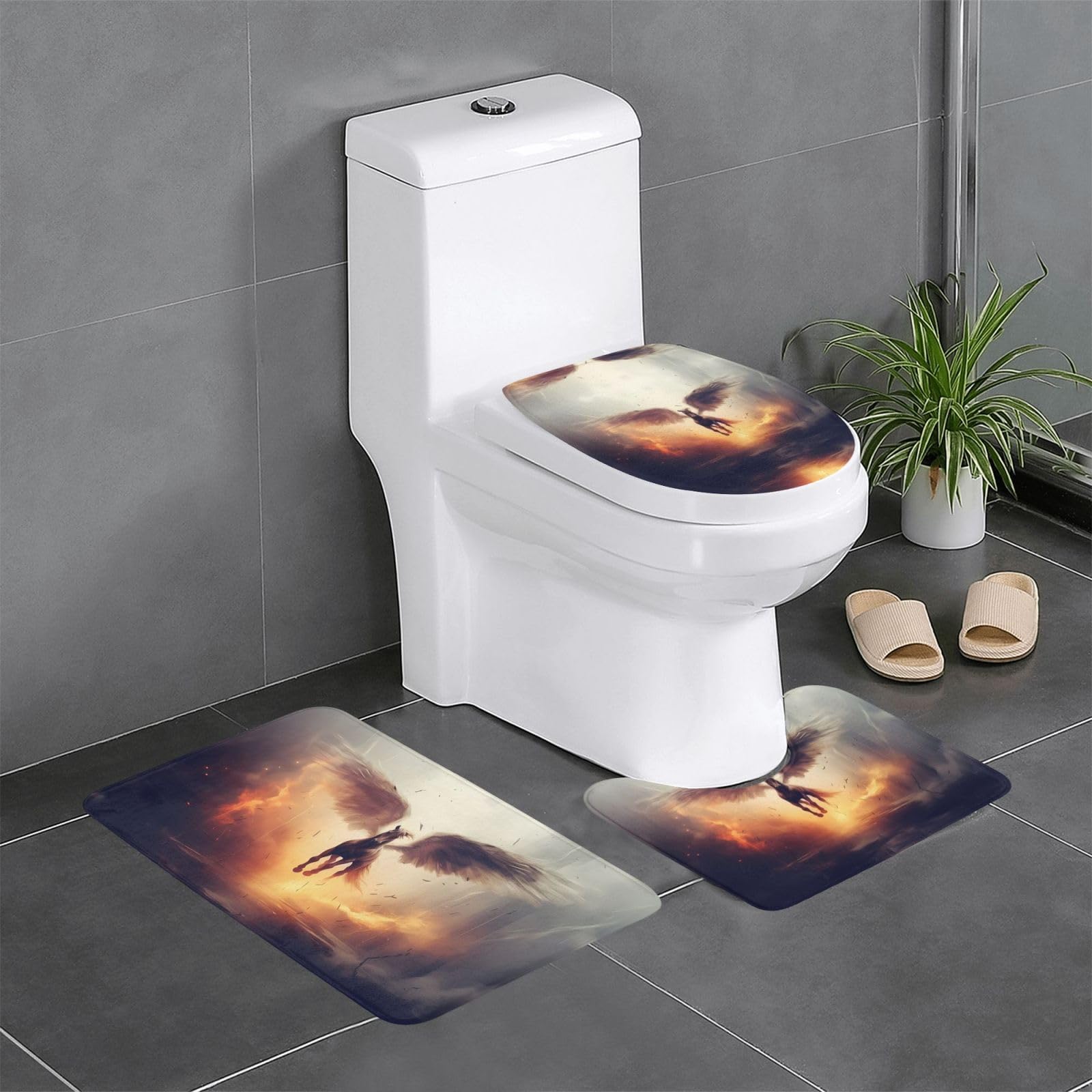 Tapis de bain antidérapants 3 pièces imprimés avec tapis WC en U et couvre-abattant en O