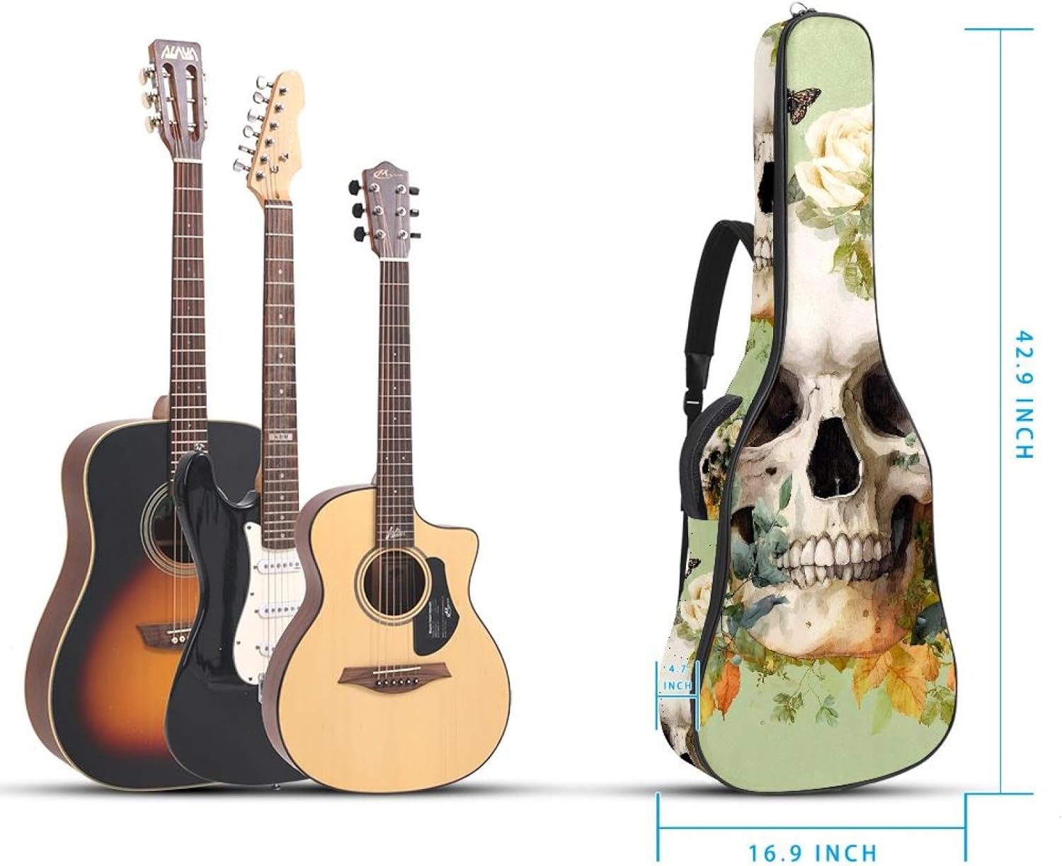 Skull with White Roses Green Leaves Butterflies Guitar Gig Bag, Soft Padded Guitar Case with Back Hanger Loop and Side Handle for 40 41 42 Inch Acoustic Electric Bass Classical Guitars