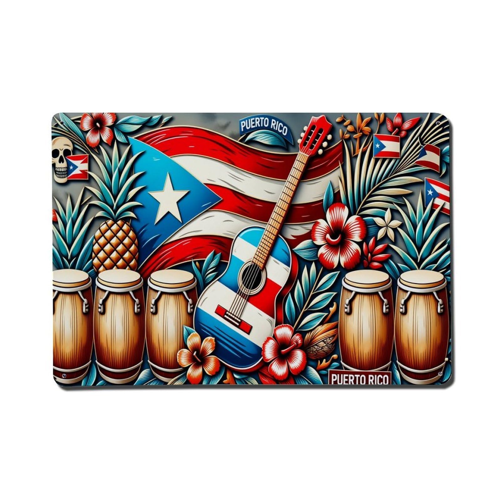 Puerto Rico Flag Guitar Drums Flowers Vintage Tin Sign Retro Metal Wall Decor Metal Poster, Home Bar Garage Farmhouse Cafe Wall Art Decoration 8x12Inches