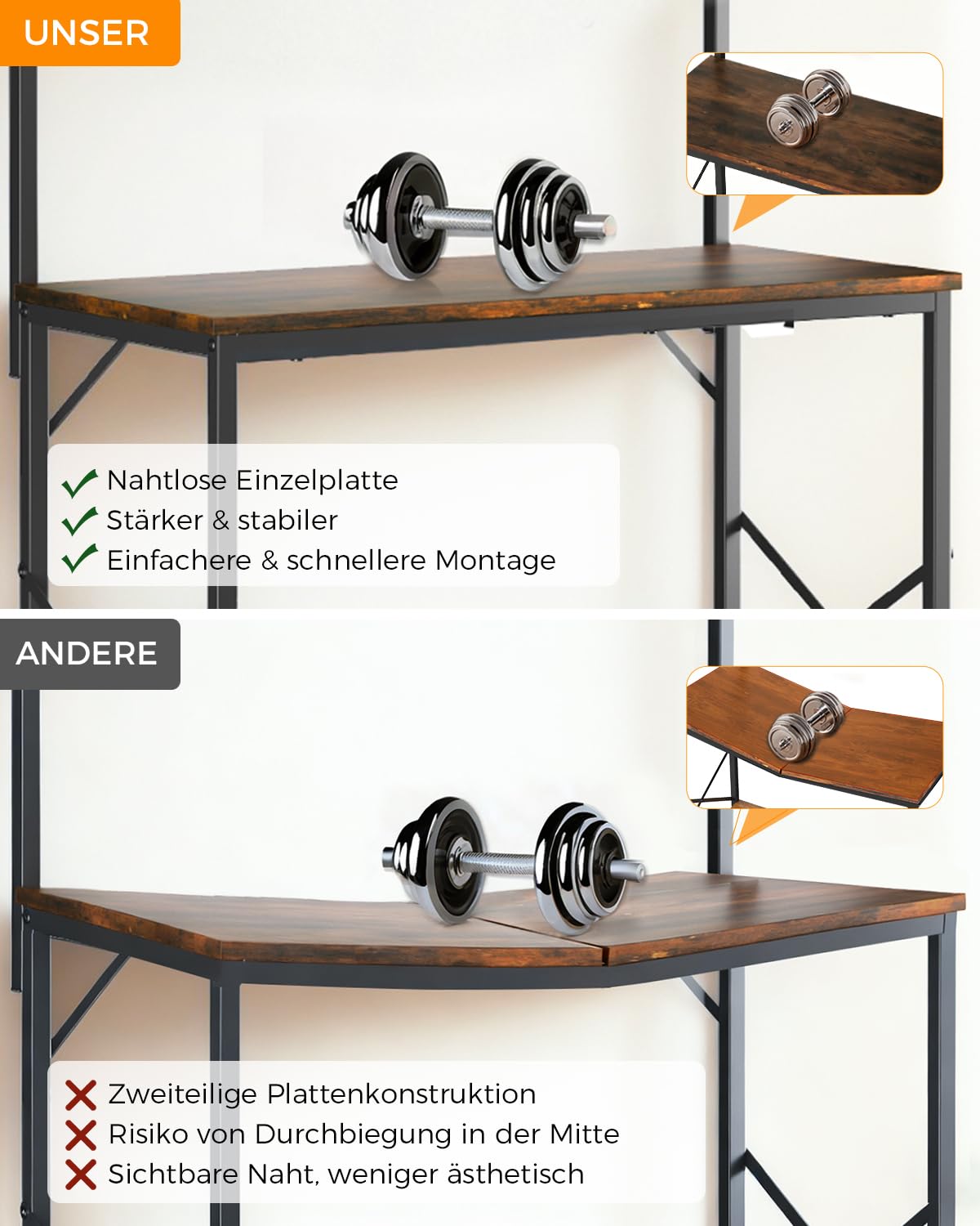 COMHOMA Regal, Küchenregal, Standregal, Mikrowellen Regal für Küche, Gewürzregal, Bücherregal mit Anti-Kipp-Schutz, Shrank mit 4 Ablagen, 8 S-Haken, Metallrahmen, Stahlrahmen, 80x40x126cm,Vintagebraun