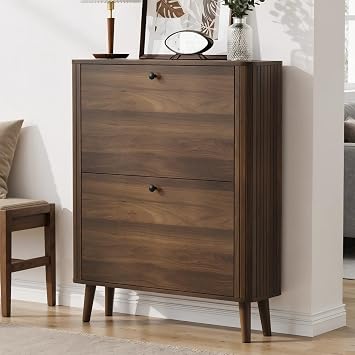 Shoe Storage Cabinet with 2 Flip Drawers, Slim Shoe Rack Cabinet with Curved Wooden Slats Side, Narrow Shoe Cabinet Storage for Entryway Entrance, Freestanding Shoe Organizer Cabinet Walnut