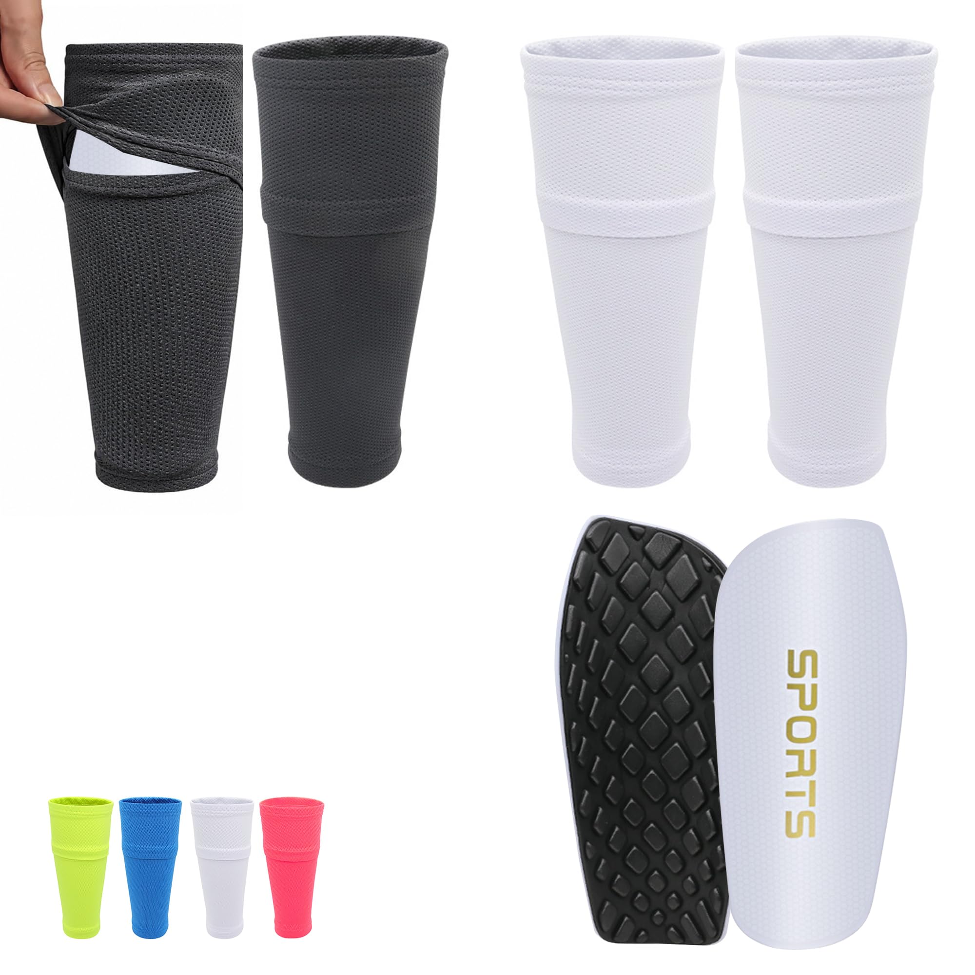 2 Pairs Shin Pad Sleeves with 1 Pair Insertable Football Shin Pads