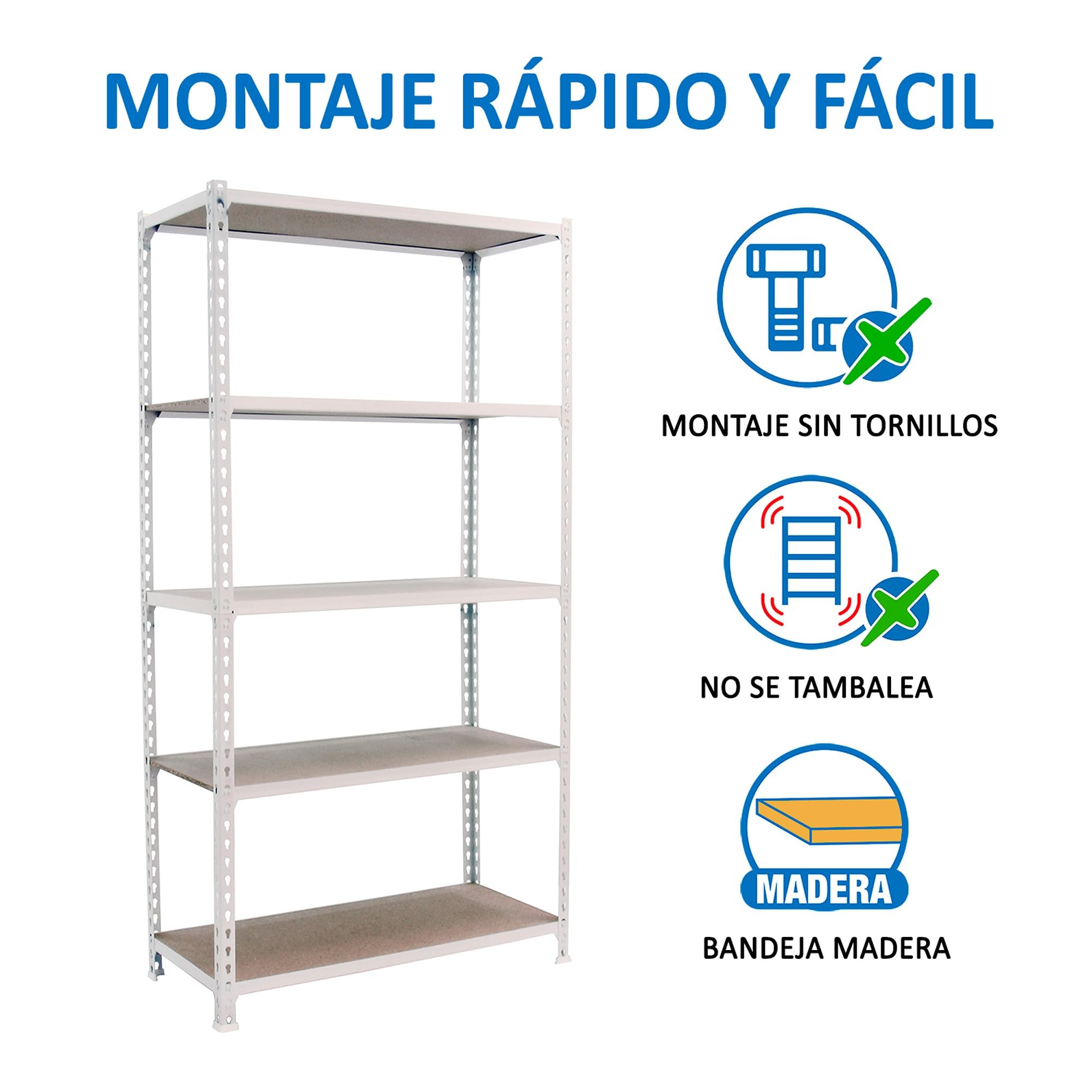 Simon Rack Estantería Metálica 2000x1000x400 mm - Maderclick | 5 Alturas, Bandeja Madera, 150 kg de Punto Flexión, Blanco , Pintura anticorrosión, Montaje sistema clic