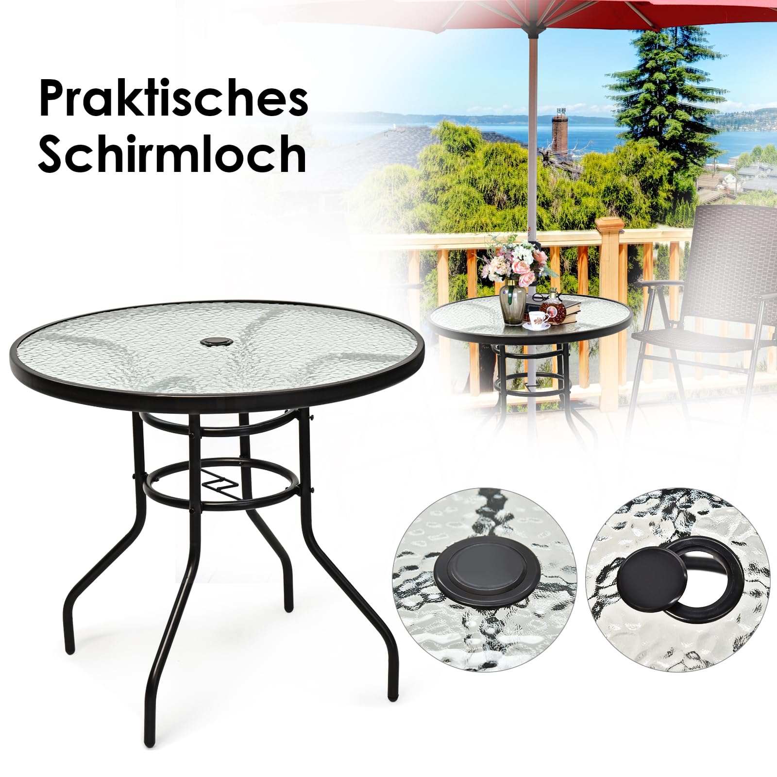 GYMAX Gartentisch rund 80 cm, Balkontisch klein mit Schirmloch, Beistelltisch Outdoor Wetterfest mit Glasplatte & Metallgestell, Terrassentisch für Balkon & Garten