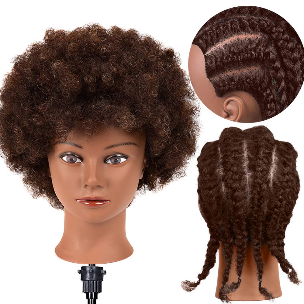 Mannequin Head with Human Hair African American Mannequin Head 100% Human Hair Cosmetology Doll Head Hairdresser Styling Training Head Manikin Head with Curly Hair Mannequin Head for Practice Braiding Doll Head