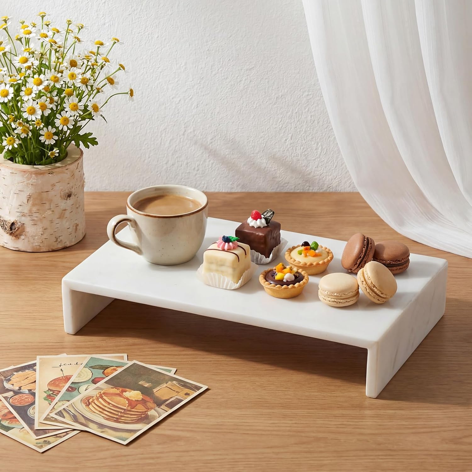 Marble Tray Table Display Riser Charcuterie Boards Cheese Cutting Footed Stand 14" L x 10" W x 2.5" H White for Vanity, Kitchen and Serving Decoration, or as Elegant Gatherings Board Gift