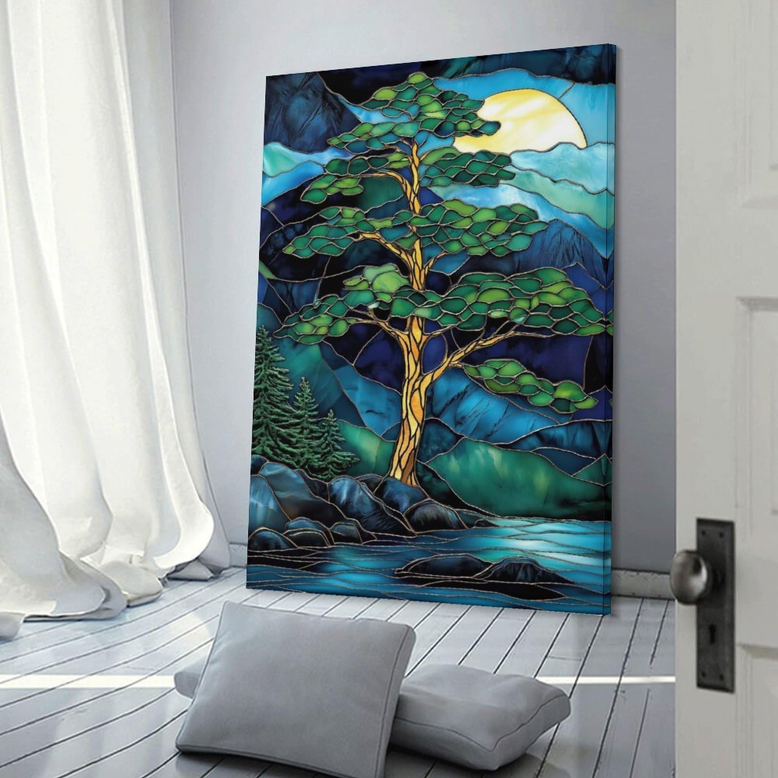 Junmoney Stained Glass Tree & Moon Home Decor Wall Art, 20x30inch(50x75cm), for Home Walls, Creative Rooms Or Shared Spaces, An Adaptable Decor Piece for Home Use