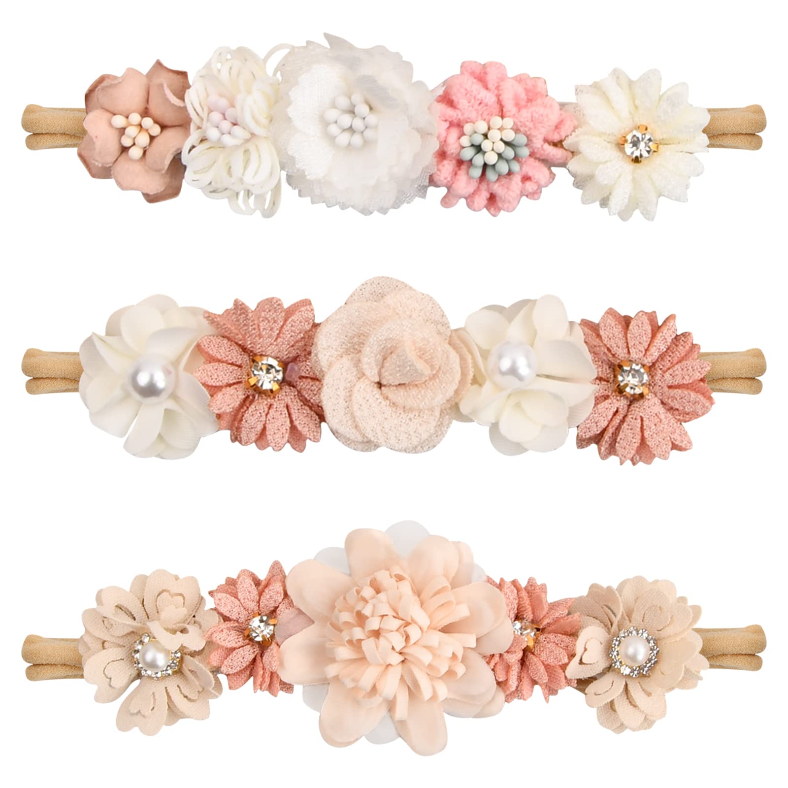 Fangehong 3 Pcs Diademas para Bebés Recién Nacidos, Diadema de Flores Bebe Niña Elásticas de Nailon Suave 0-3 Años, Cinta Turbante Pelo con Flor Encaje Perla, Bandas para el Pelo para Niña Fotografía Partido(A)