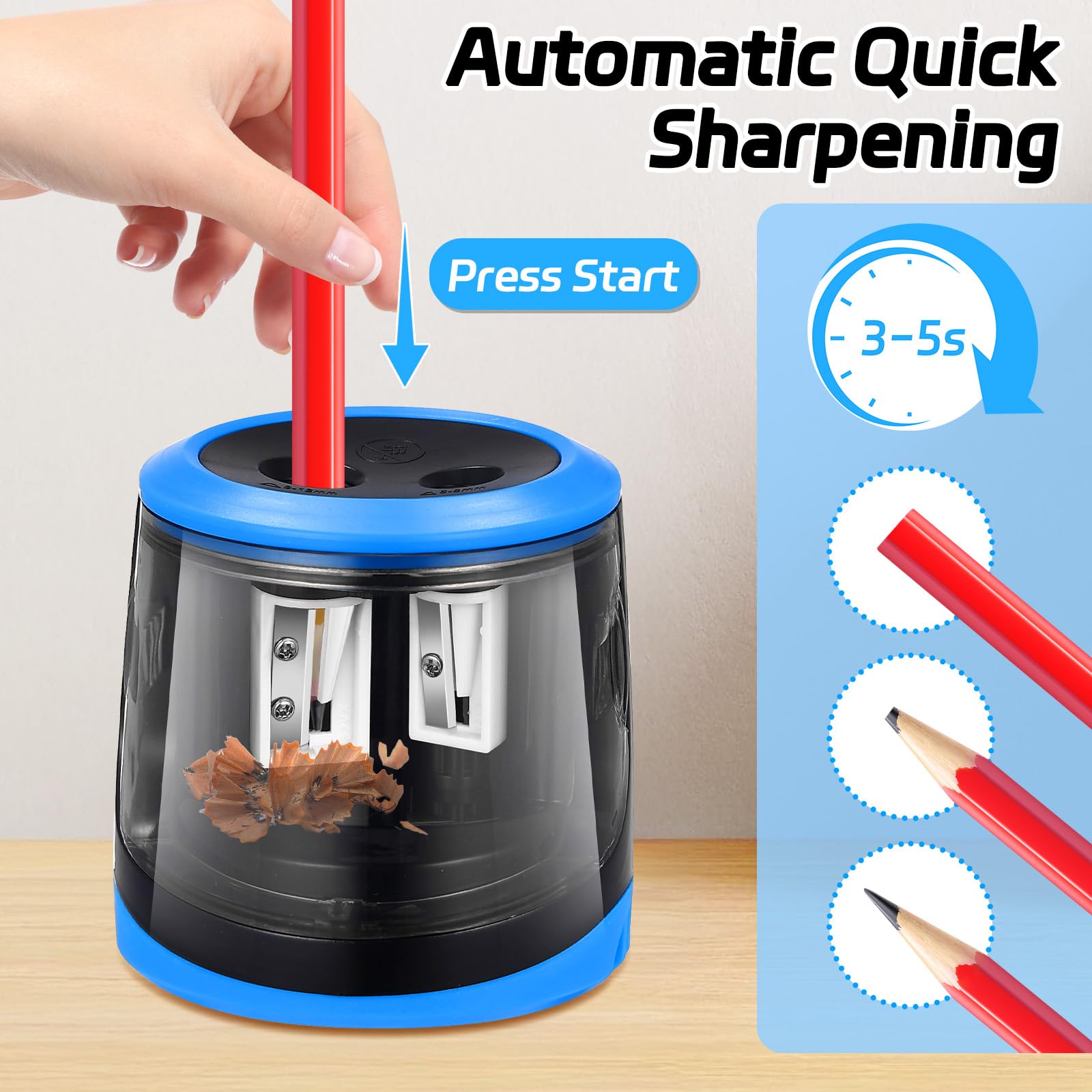 Elektrischer Anspitzer, Anspitzer mit Behälter Elektrisch, Pencil Sharpener Batterie und USB Zwei Mode mit 6 Klingen und 1 Bürste, 2 Größen Bleistiftspitzer Dicke für Kinder (Kreisförmig)