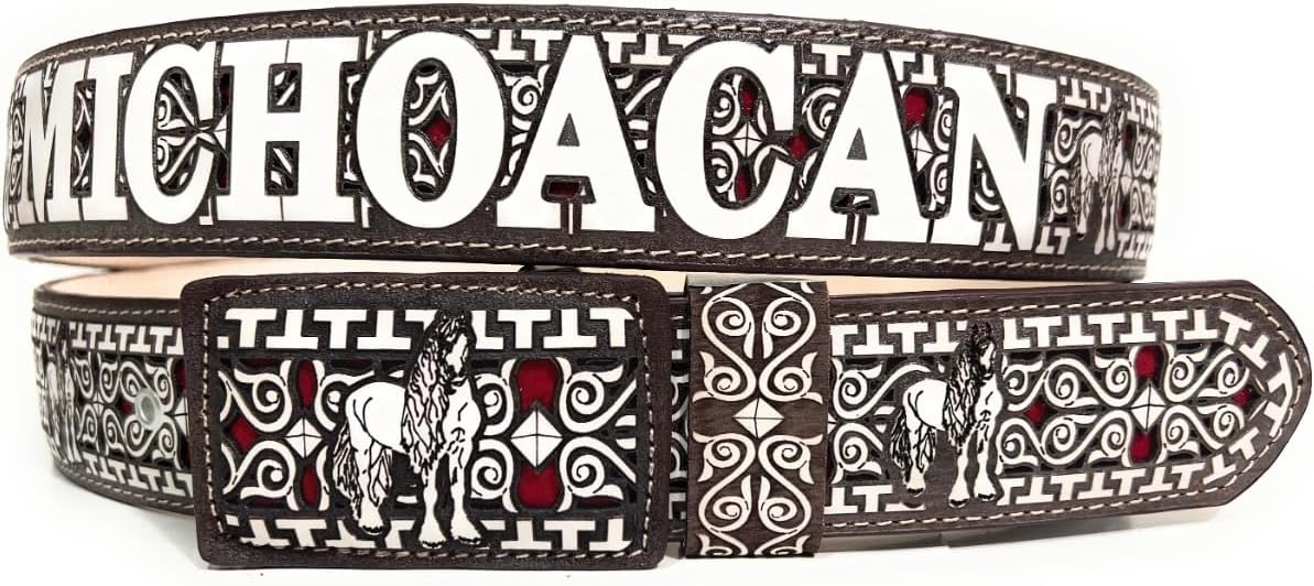 Men's Laser Cut Michoacan Brown Western Belt, Saddle Horse Cinto Charro Vaquero Michoacan