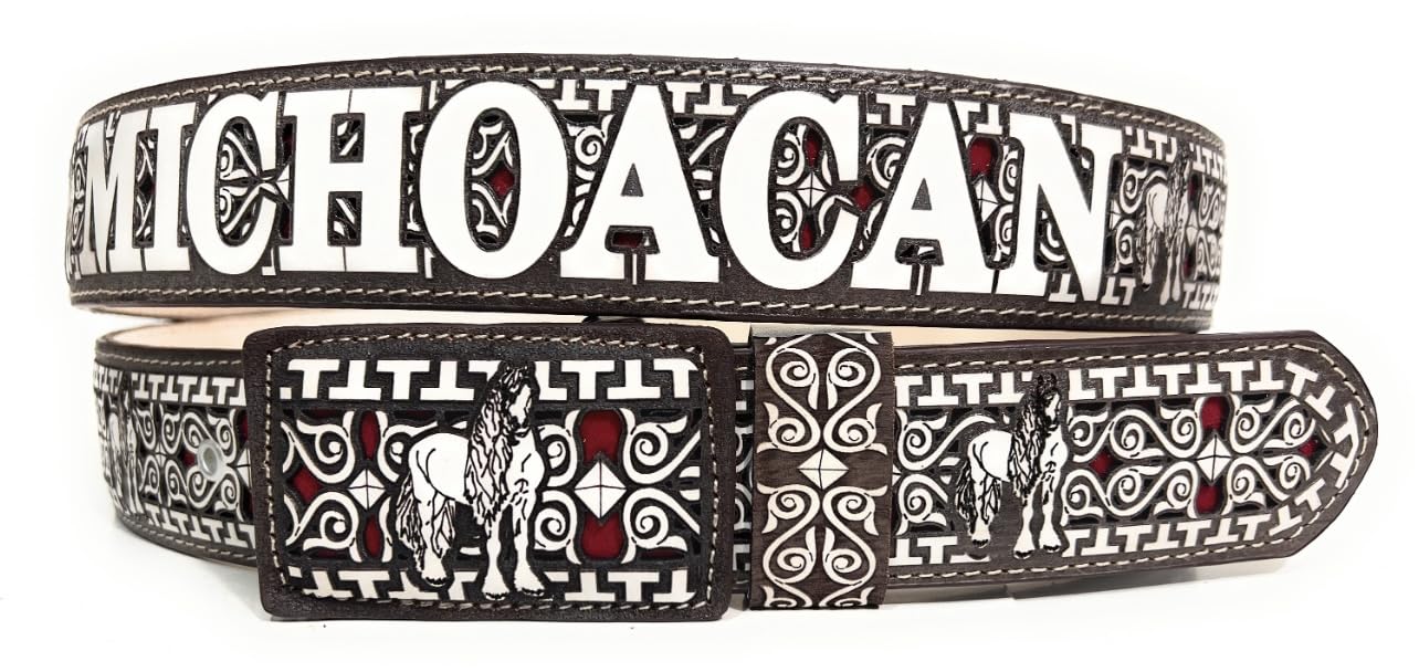 Men's Laser Cut Michoacan Brown Western Belt, Saddle Horse Cinto Charro Vaquero Michoacan (36)