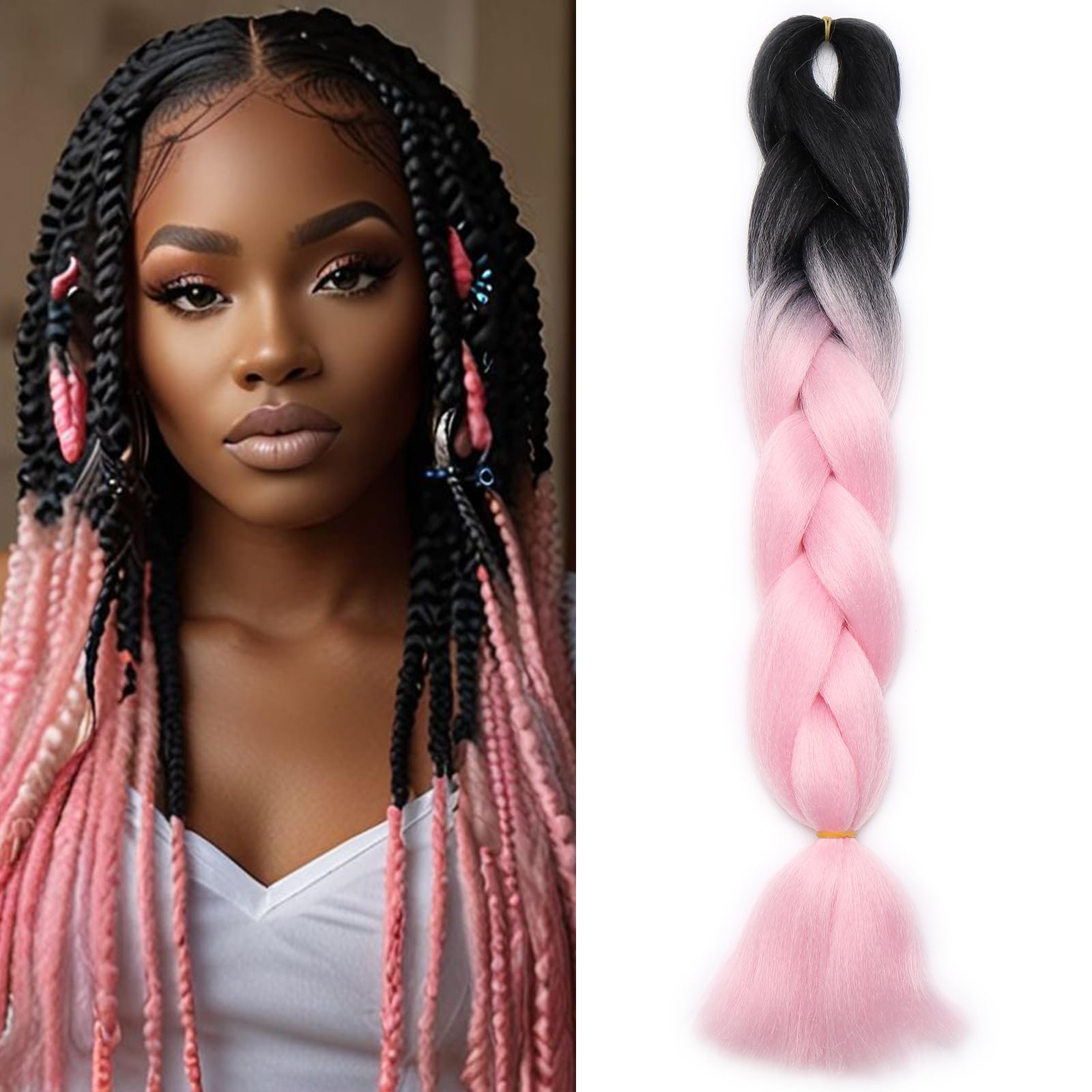 Benehair Braid Extensions 24 Inches Ombre Jumbo Braiding Hair Colorful Synthetic Hair Extensions for Braiding Hair Extensions for Women(Black/Pink