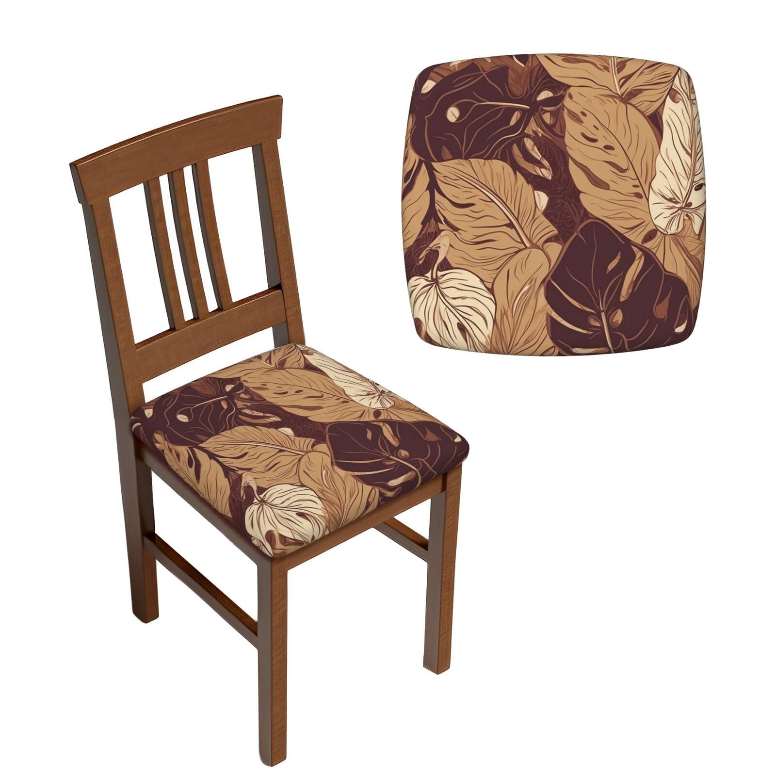 NONHAI 6PCS Dining Chair Seat Covers Set Brown Tropical Leaves Stretch Removable Chairs Covers Washable Seat Cushion Slipcovers Protector for Dining Room Kitchen Chairs
