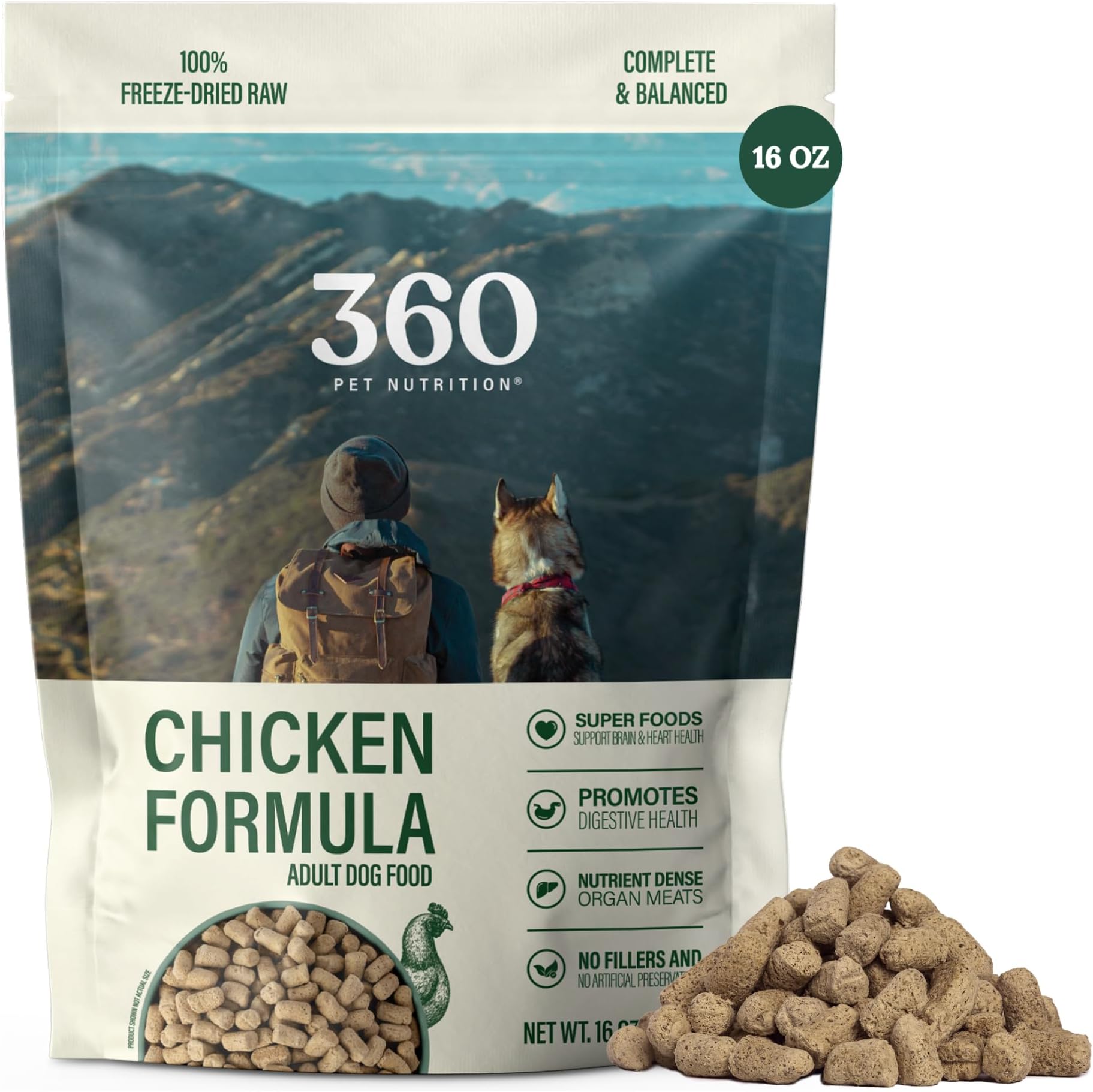 360 Pet Nutrition Freeze-Dried Raw Dog Food – Chicken Recipe with Liver & Organs, High Protein, Omega-3s, Fruits, Veggies & Superfoods, Grain-Free, No Fillers, 1 lb – Made in USA