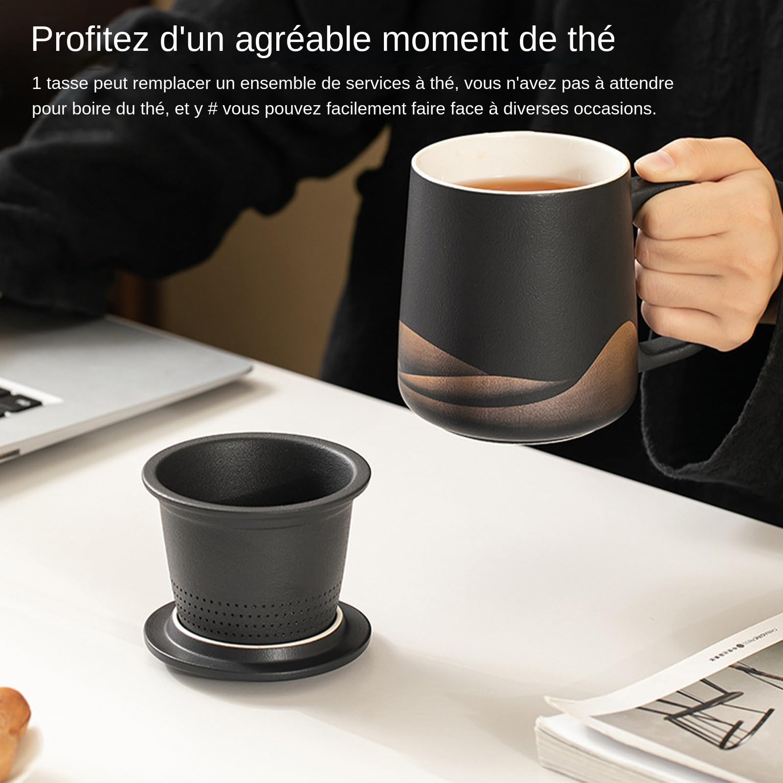 Taza de té con infusor y tapa Pintado A Mano, Revestimiento De Acero