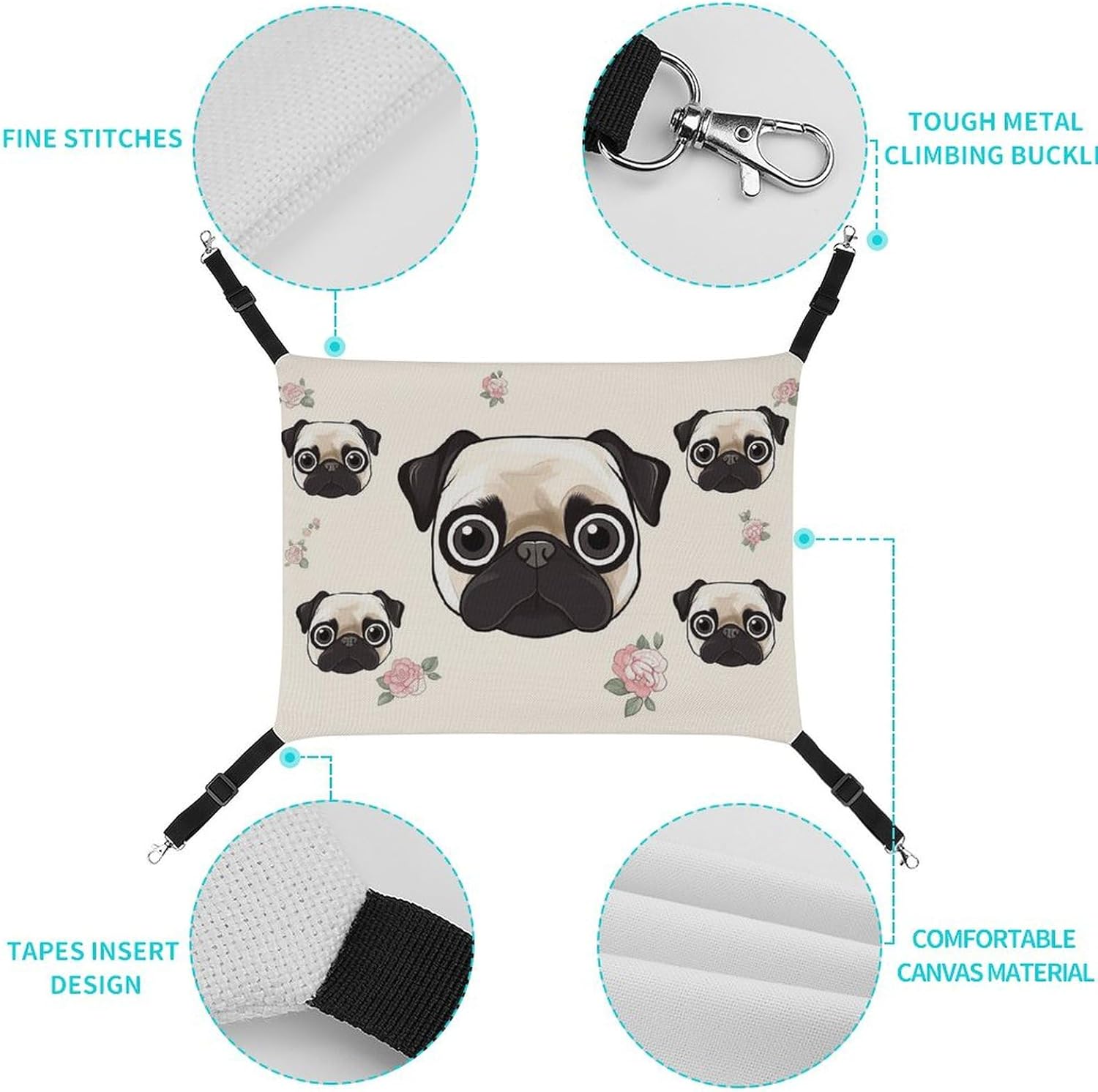 review Hanging Pet Hammock, Line Pug Printed Soft Breathable Pet Hammock with Adjustable Straps and Metal Hooks for Cats Small Dogs Rabbits Sugar Gliders