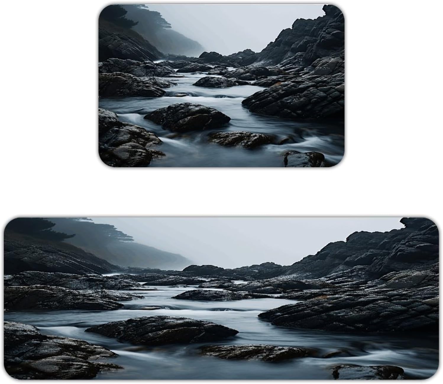 Foggy Rocks in Water Kitchen Mats with 2PCS Non-Slip Washable,Kitchen Rug Heavy Duty Durable, Floor Mats for Kitchen,Office,Sink,Laundry